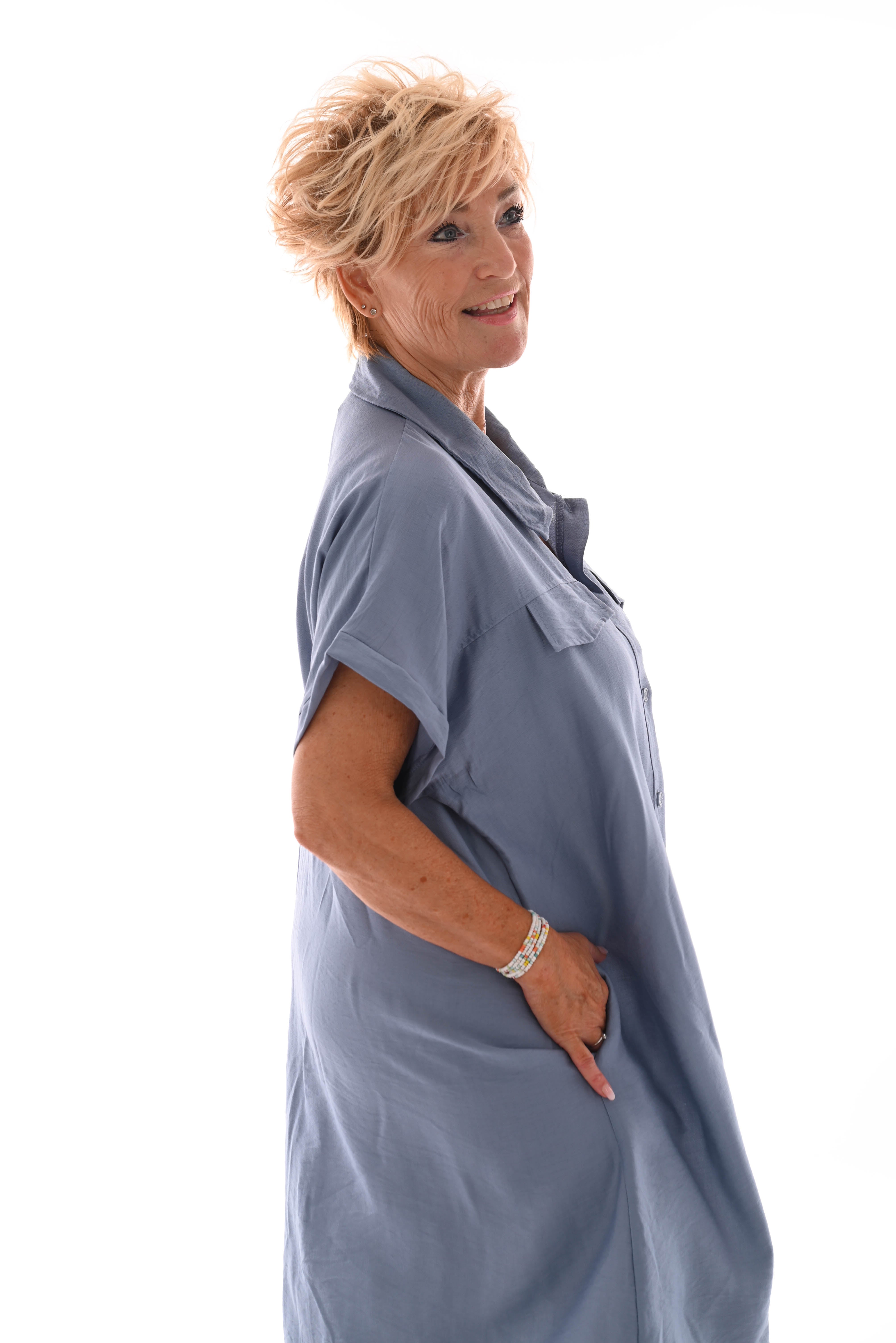 Blouse jurk doorknoop jeansblauw
