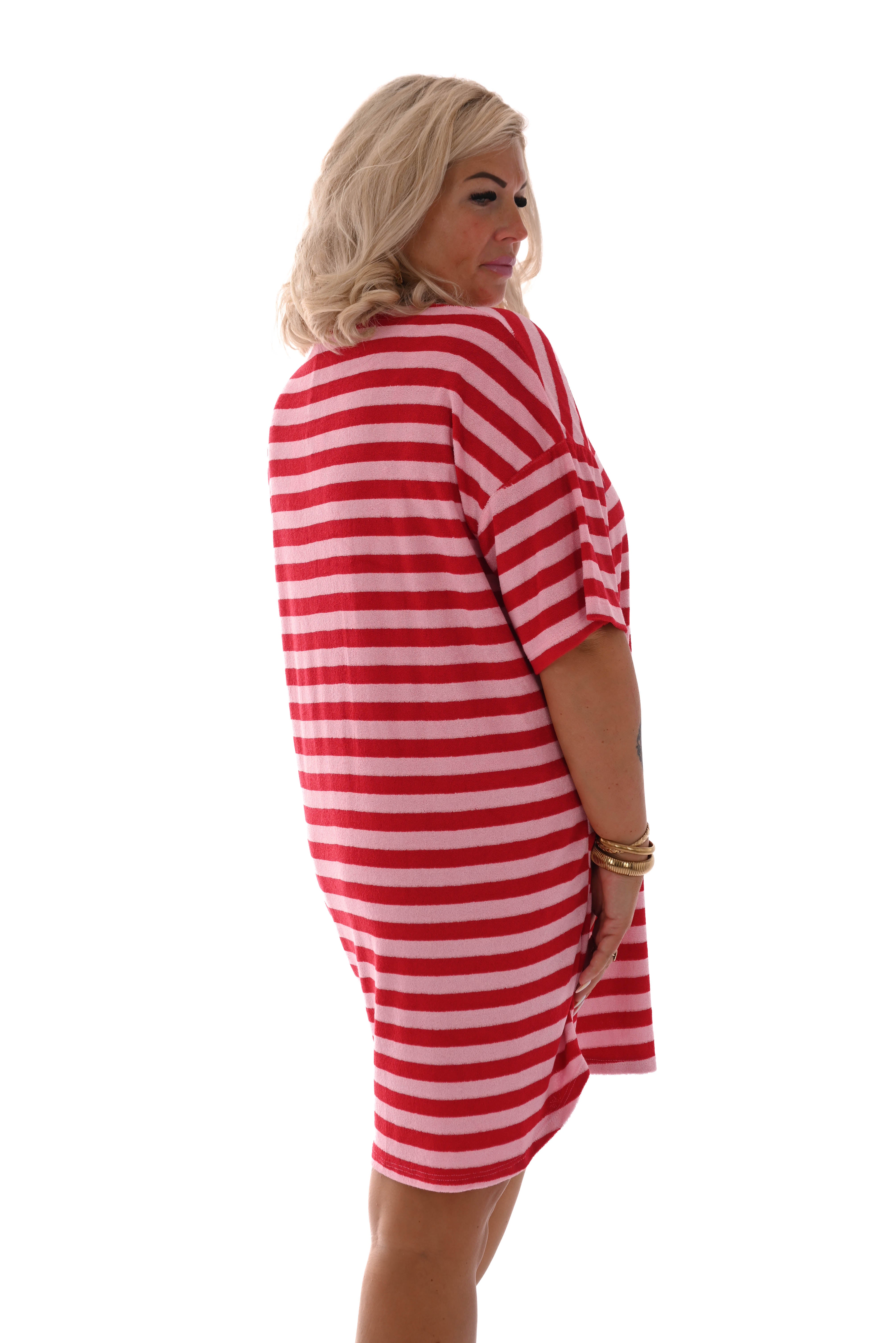 Badstof tuniek strepen v-hals roze/rood