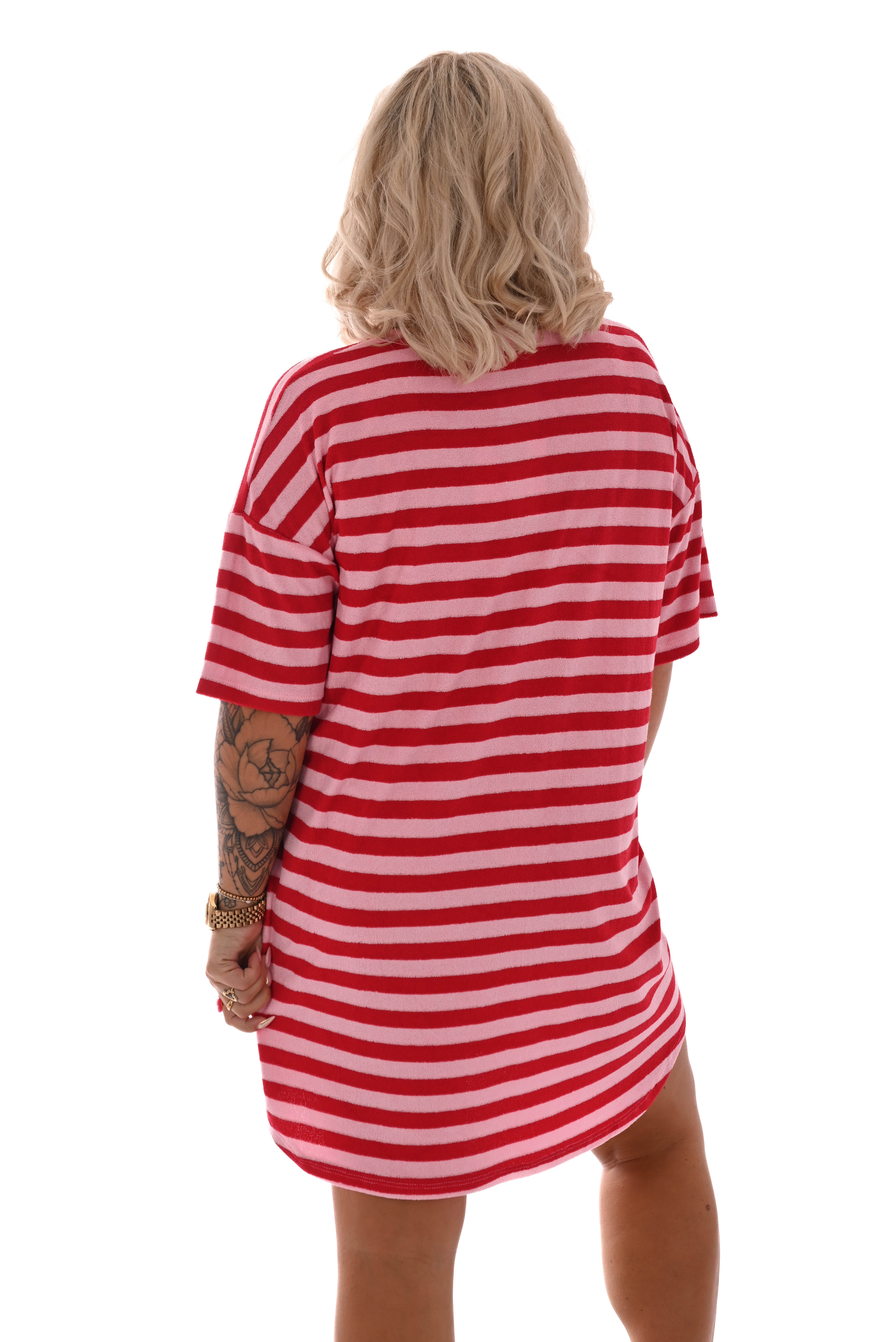 Badstof tuniek strepen v-hals roze/rood