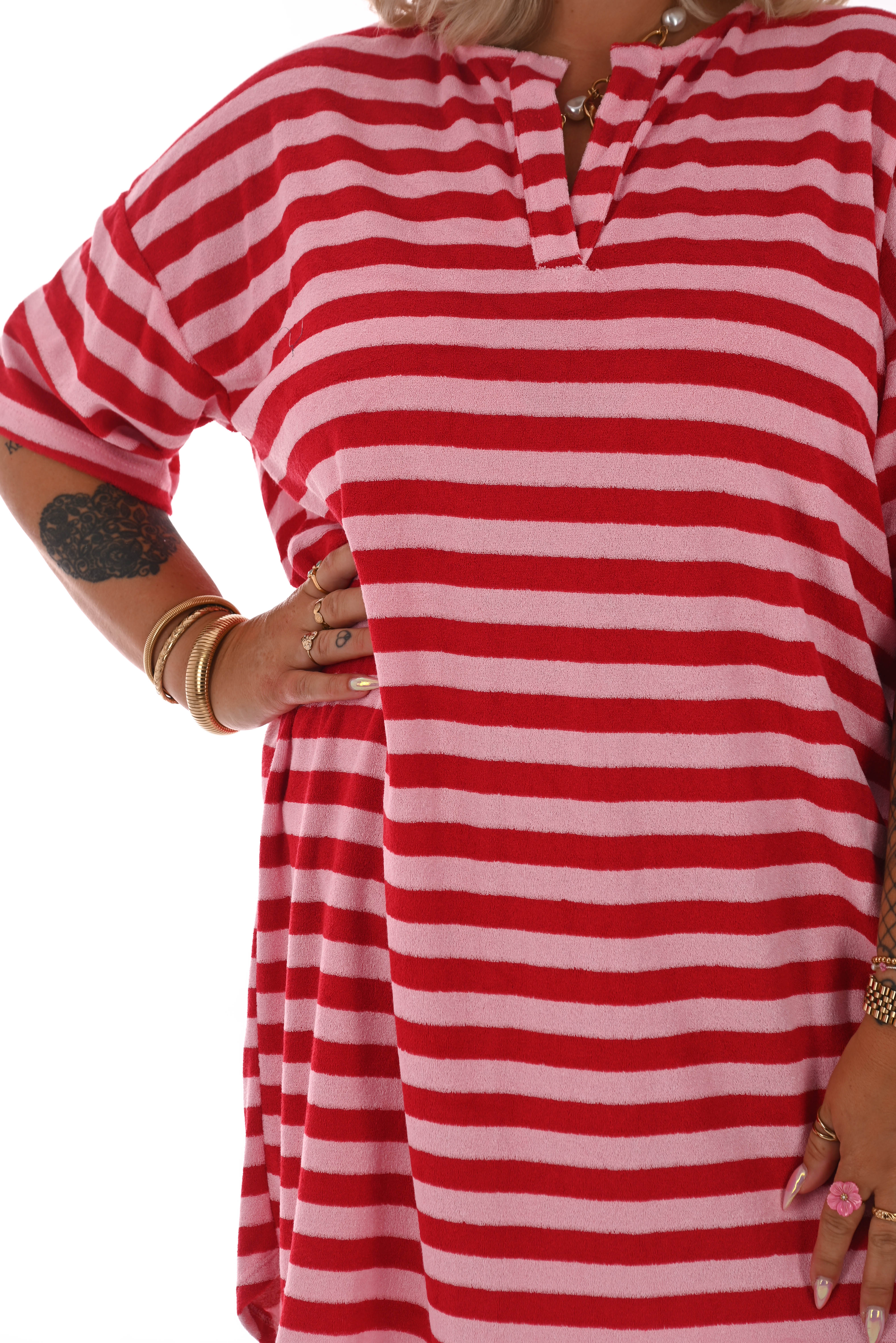 Badstof tuniek strepen v-hals roze/rood