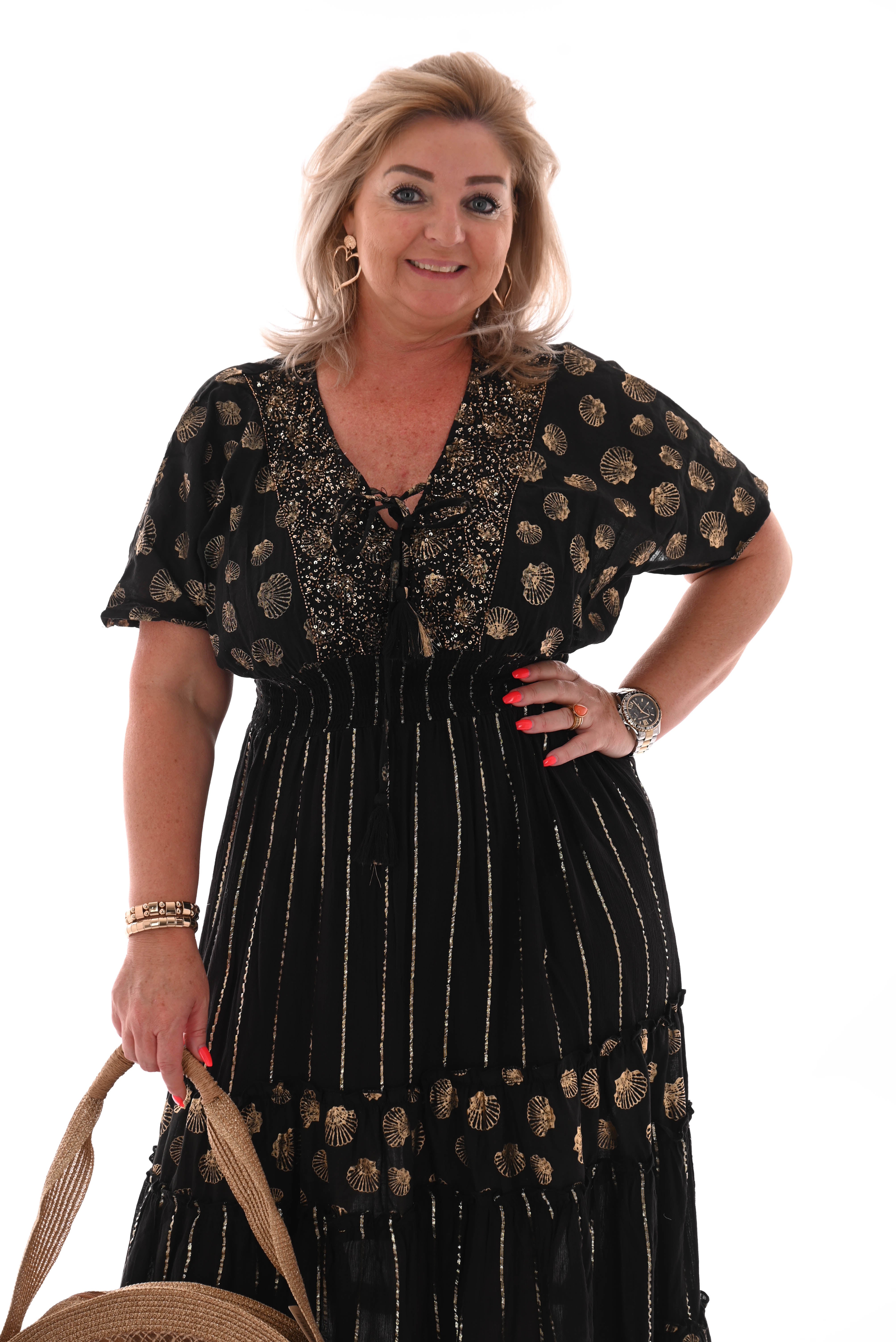 Lange jurk smock taille schelpen zwart/goud