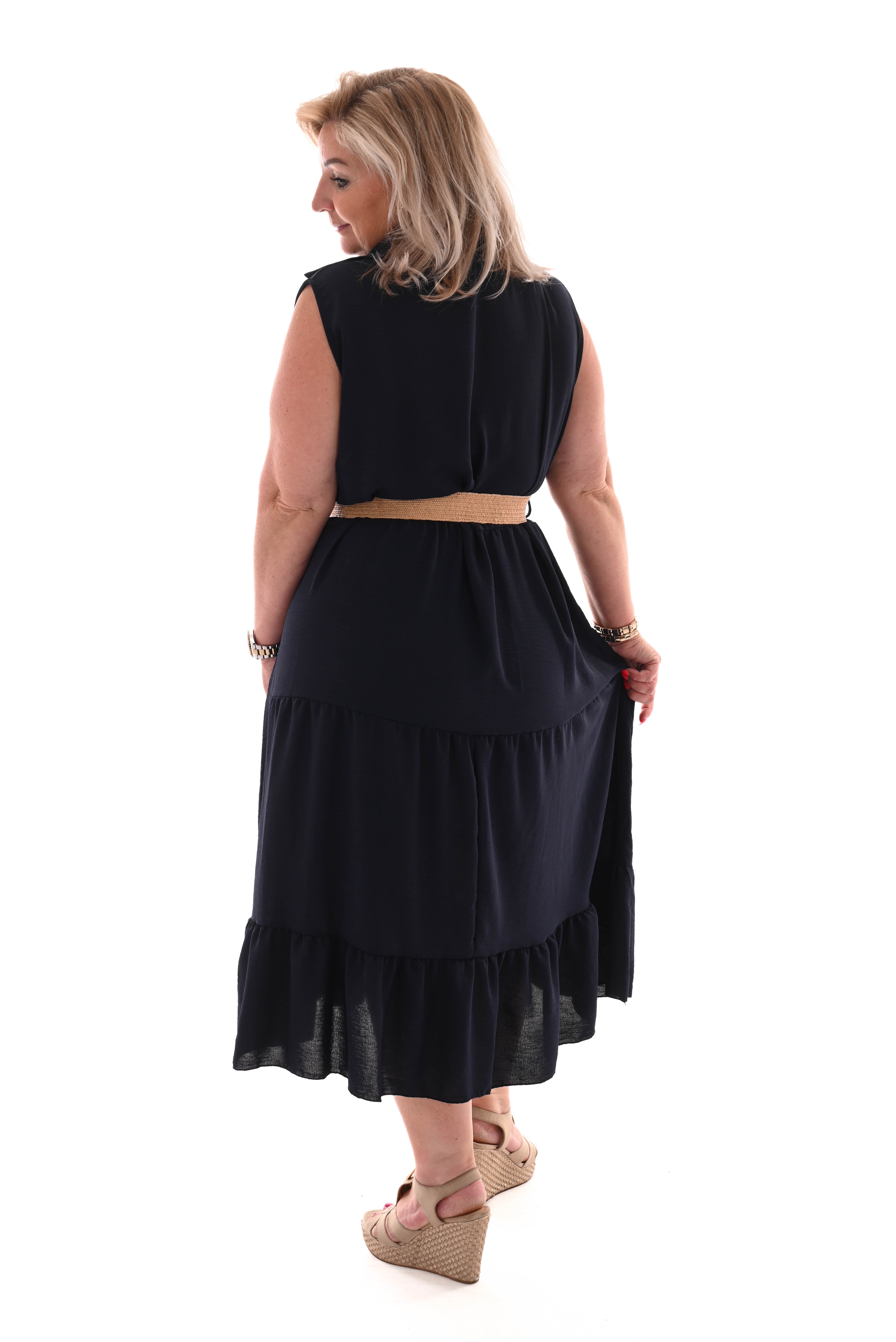 Midi jurk met kraag en stroken marineblauw