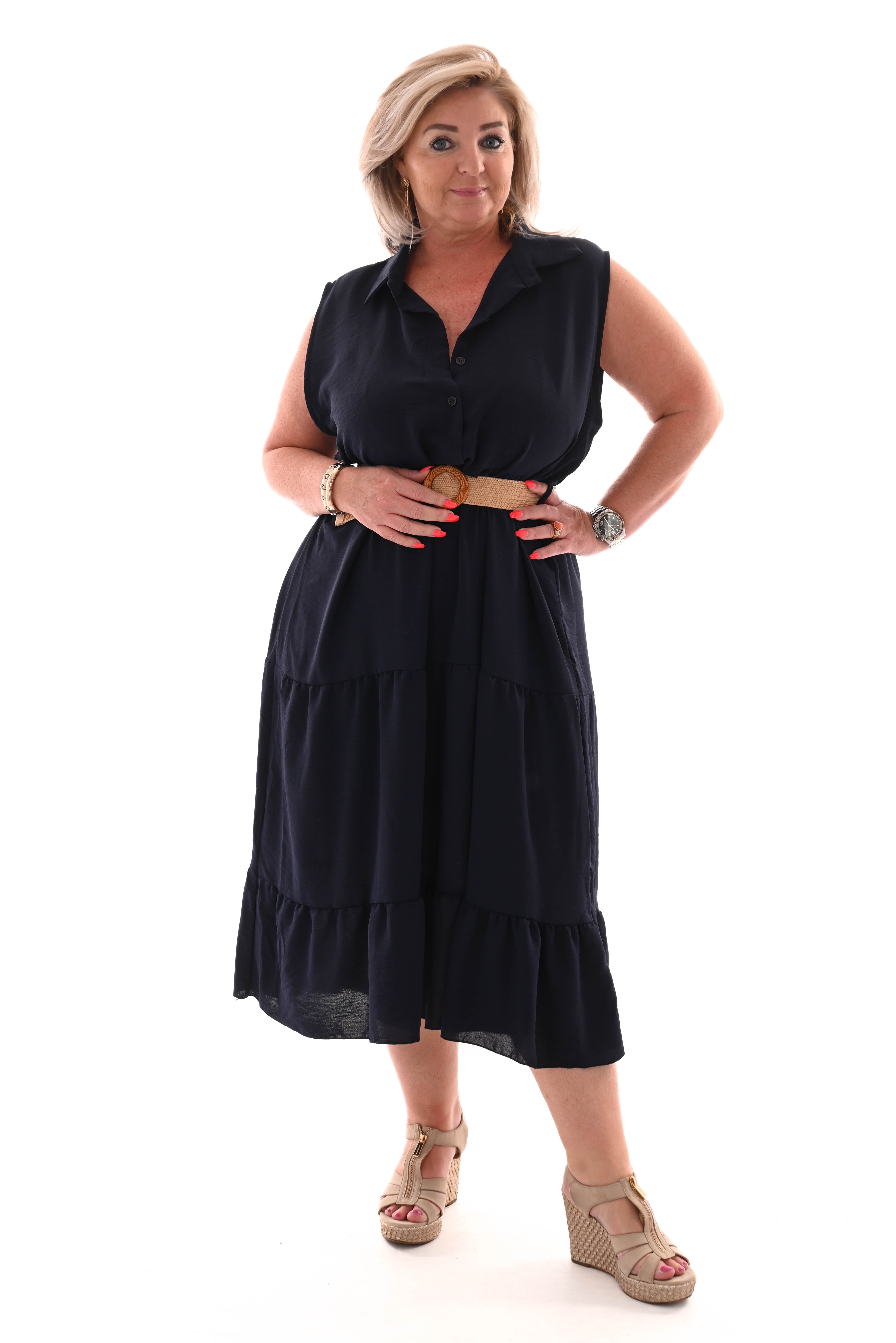 Midi jurk met kraag en stroken marineblauw