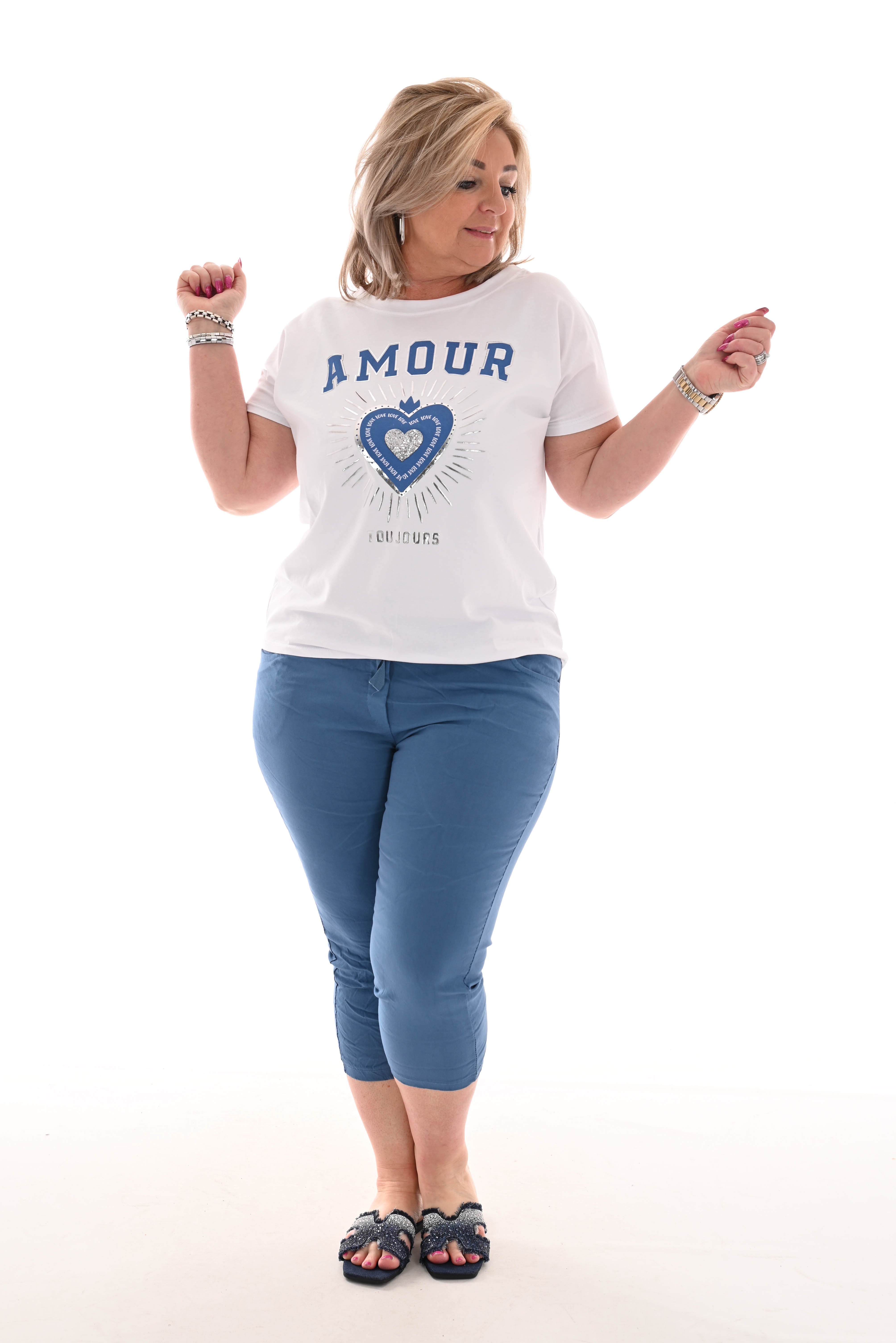 Stretchbroek uni capri jeansblauw