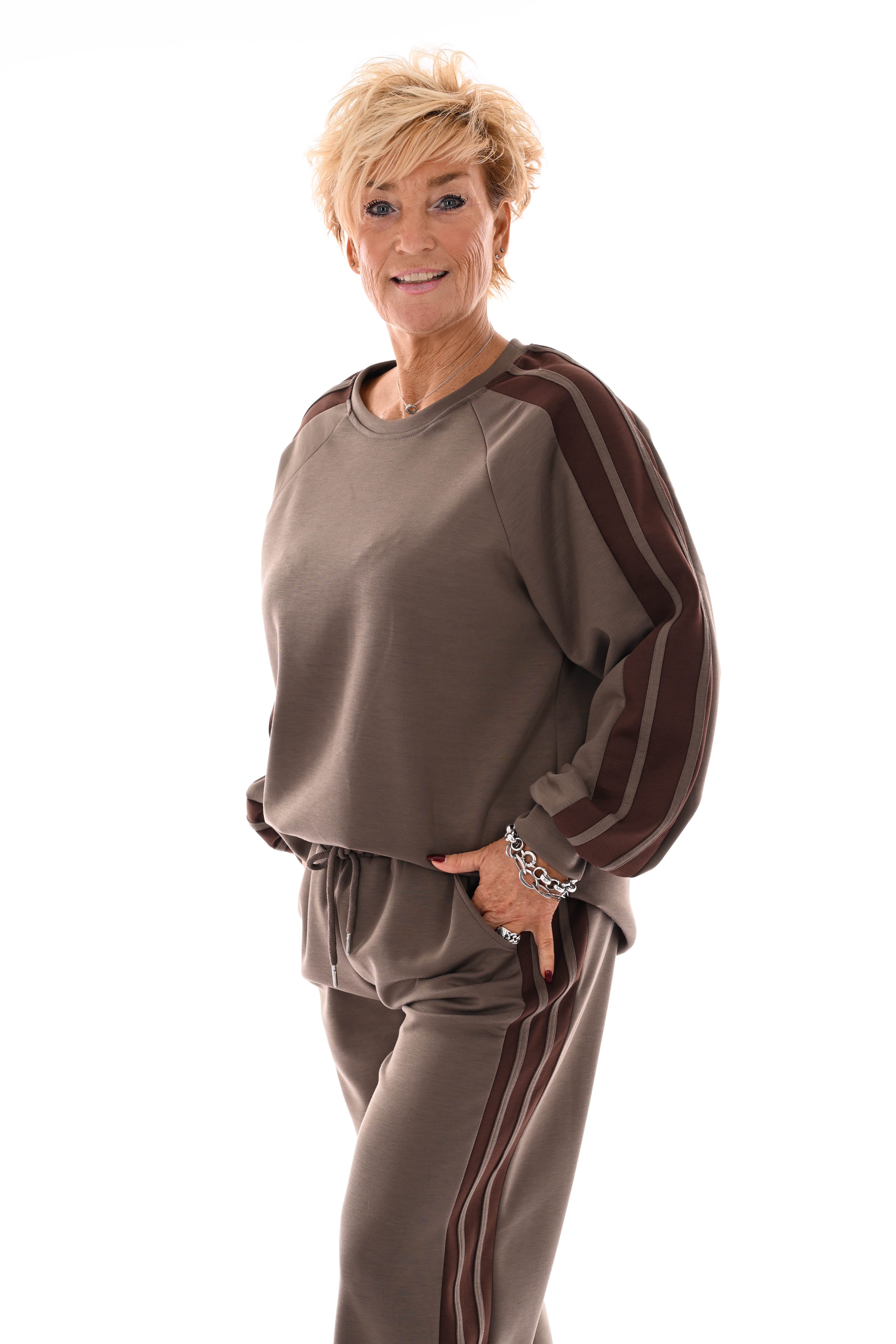 Tweedelig pak strepen bies taupe