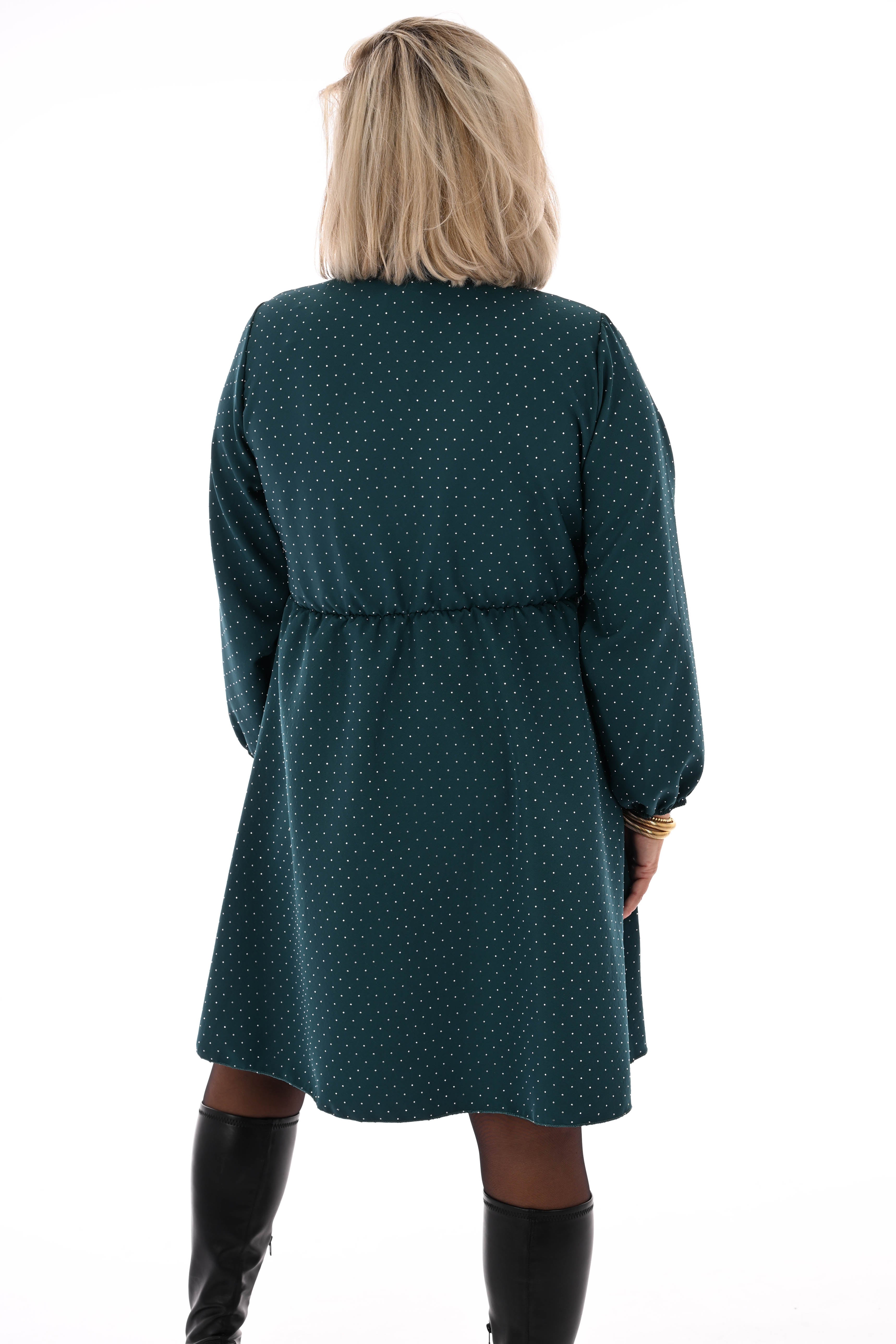 Korte jurk met strik en strass flessengroen