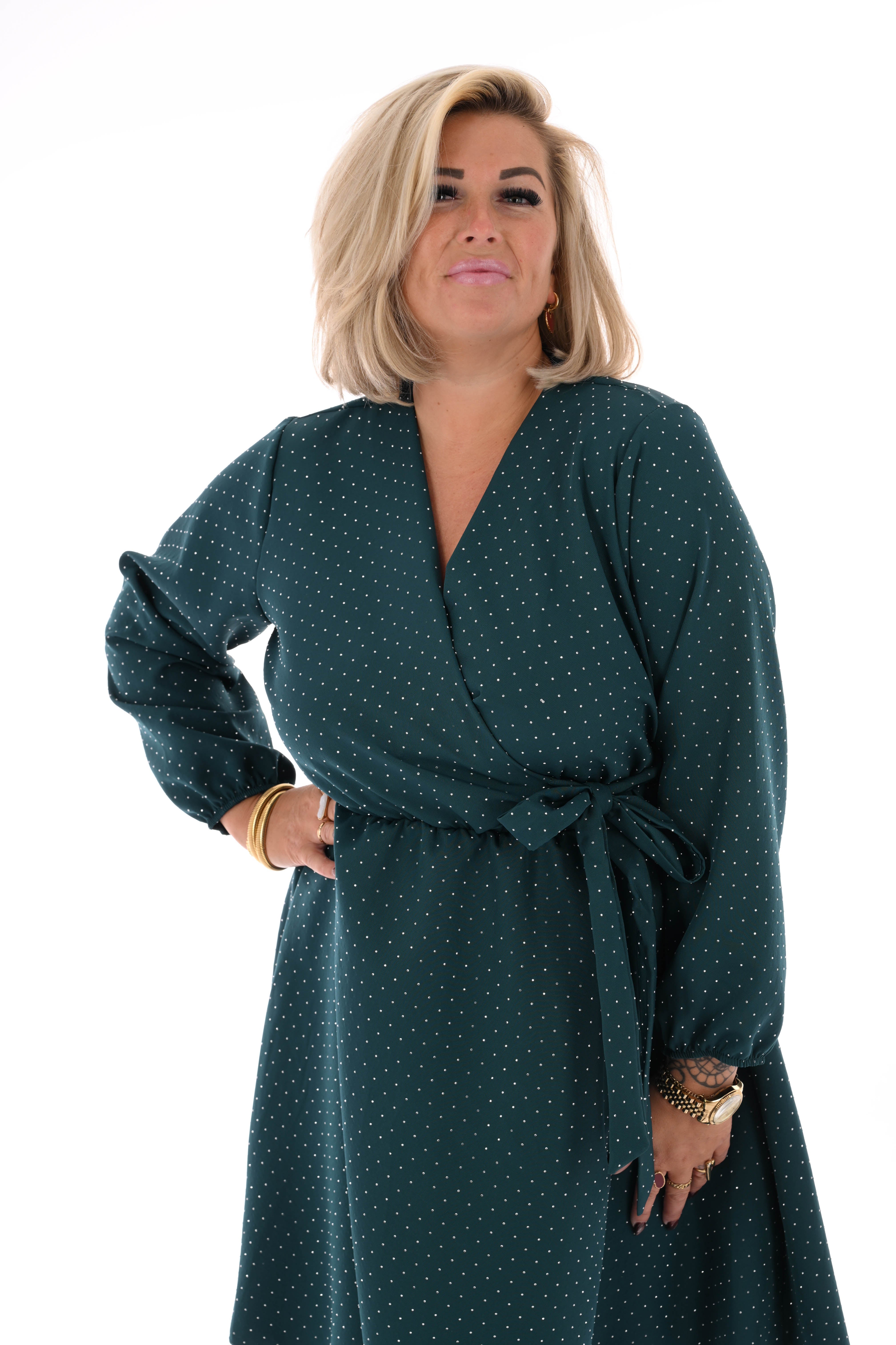 Korte jurk met strik en strass flessengroen