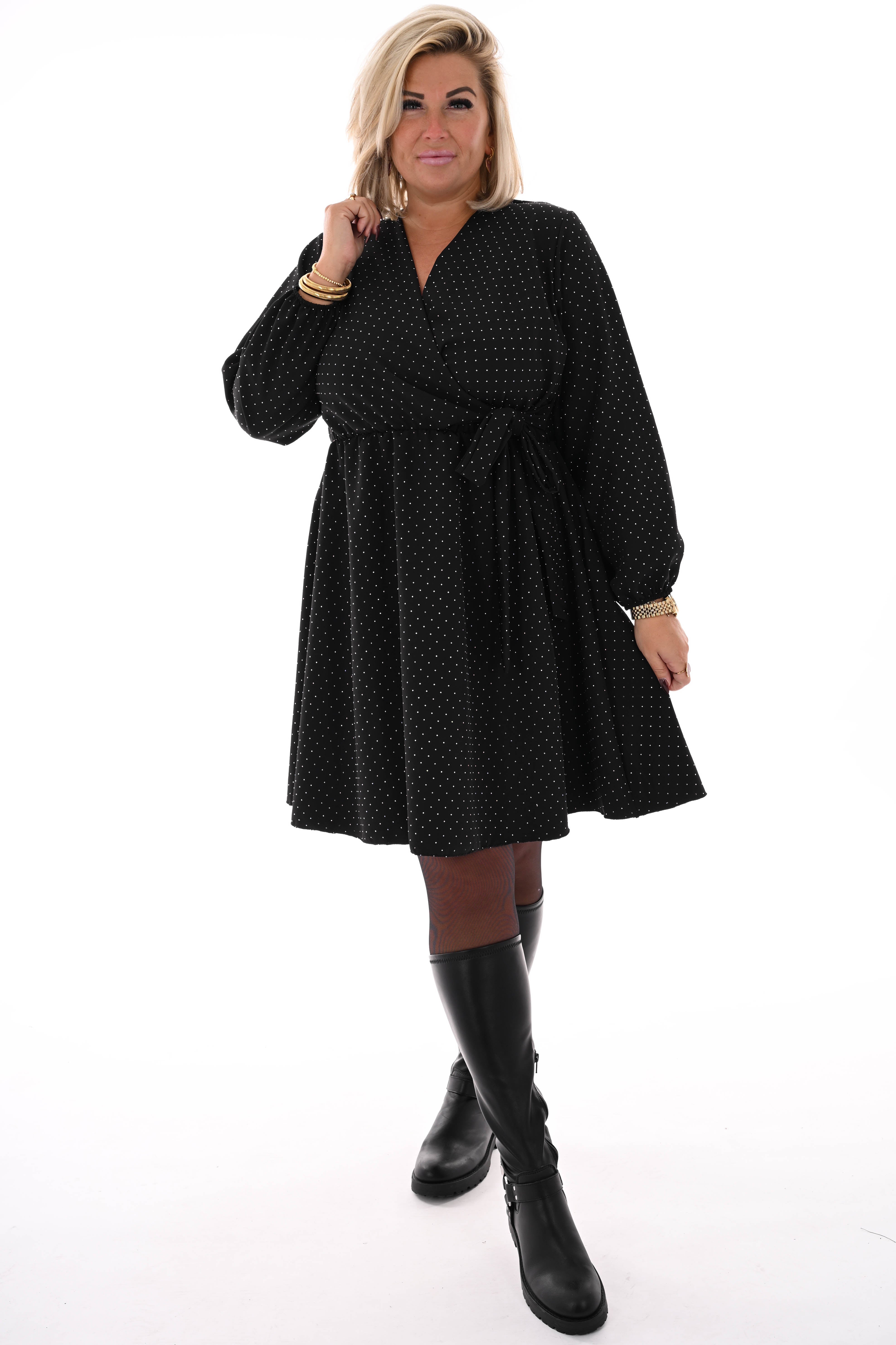 Korte jurk met strik en strass zwart/zilver