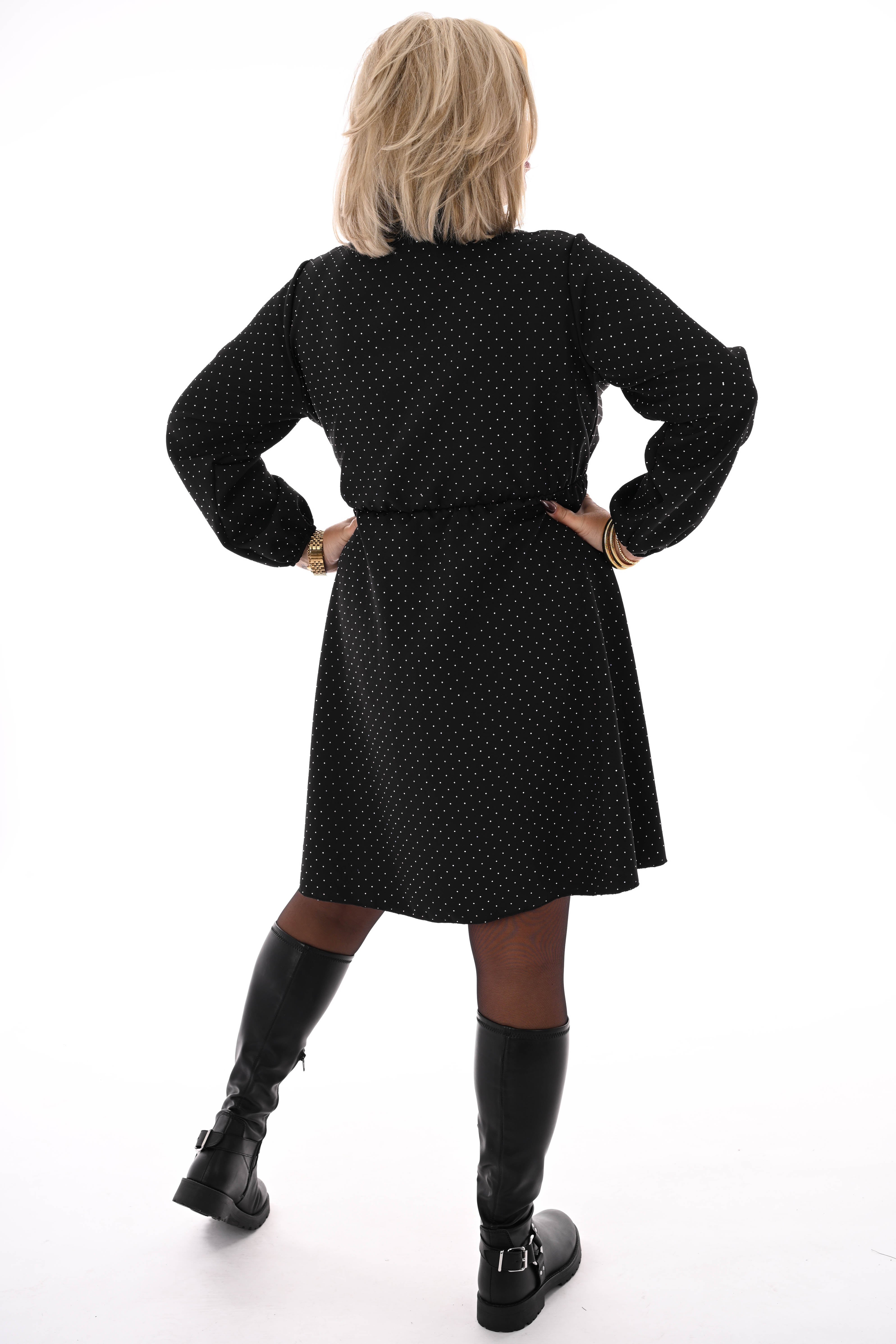 Korte jurk met strik en strass zwart/zilver