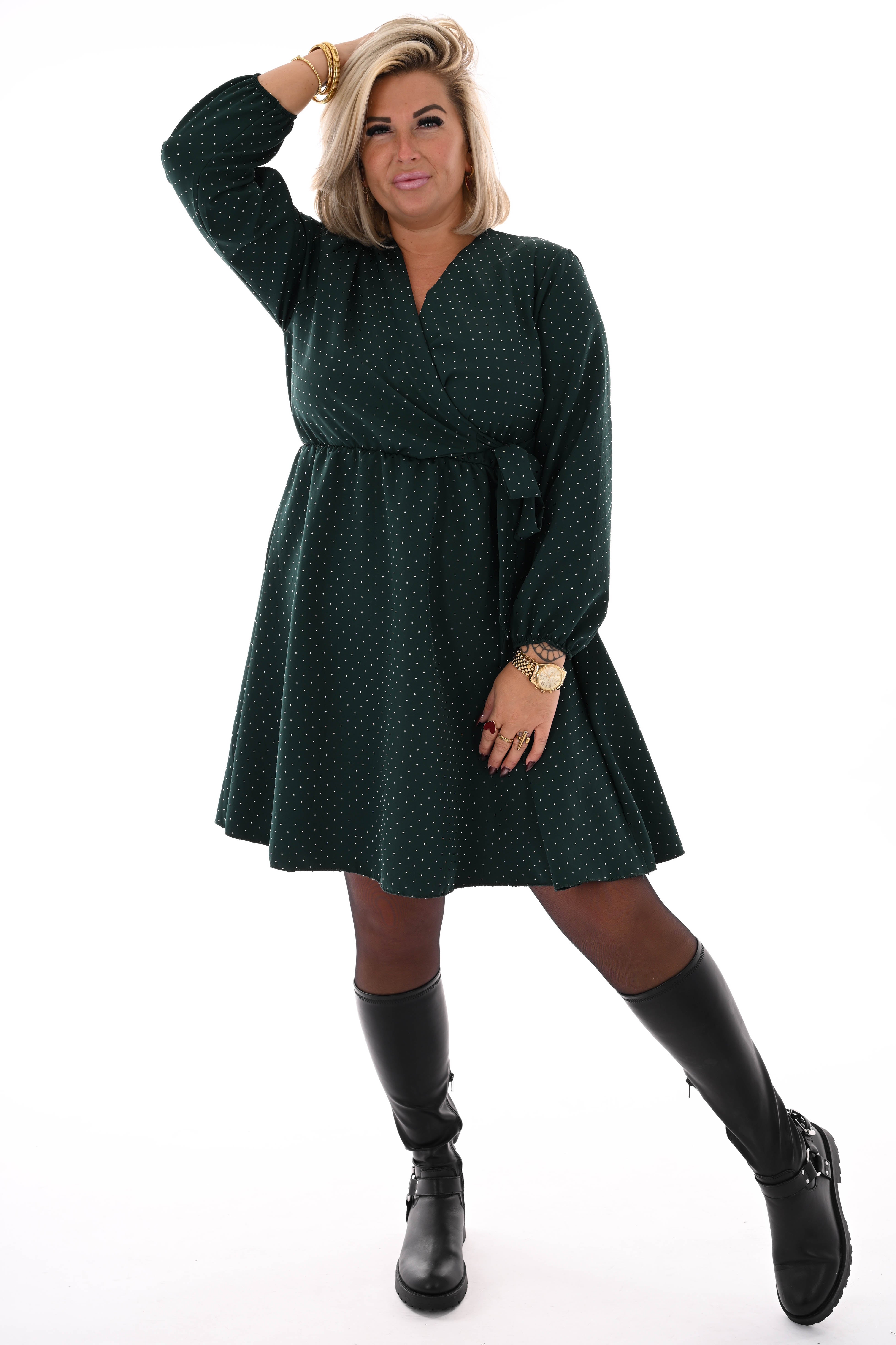 Korte jurk met strik en strass donkergroen