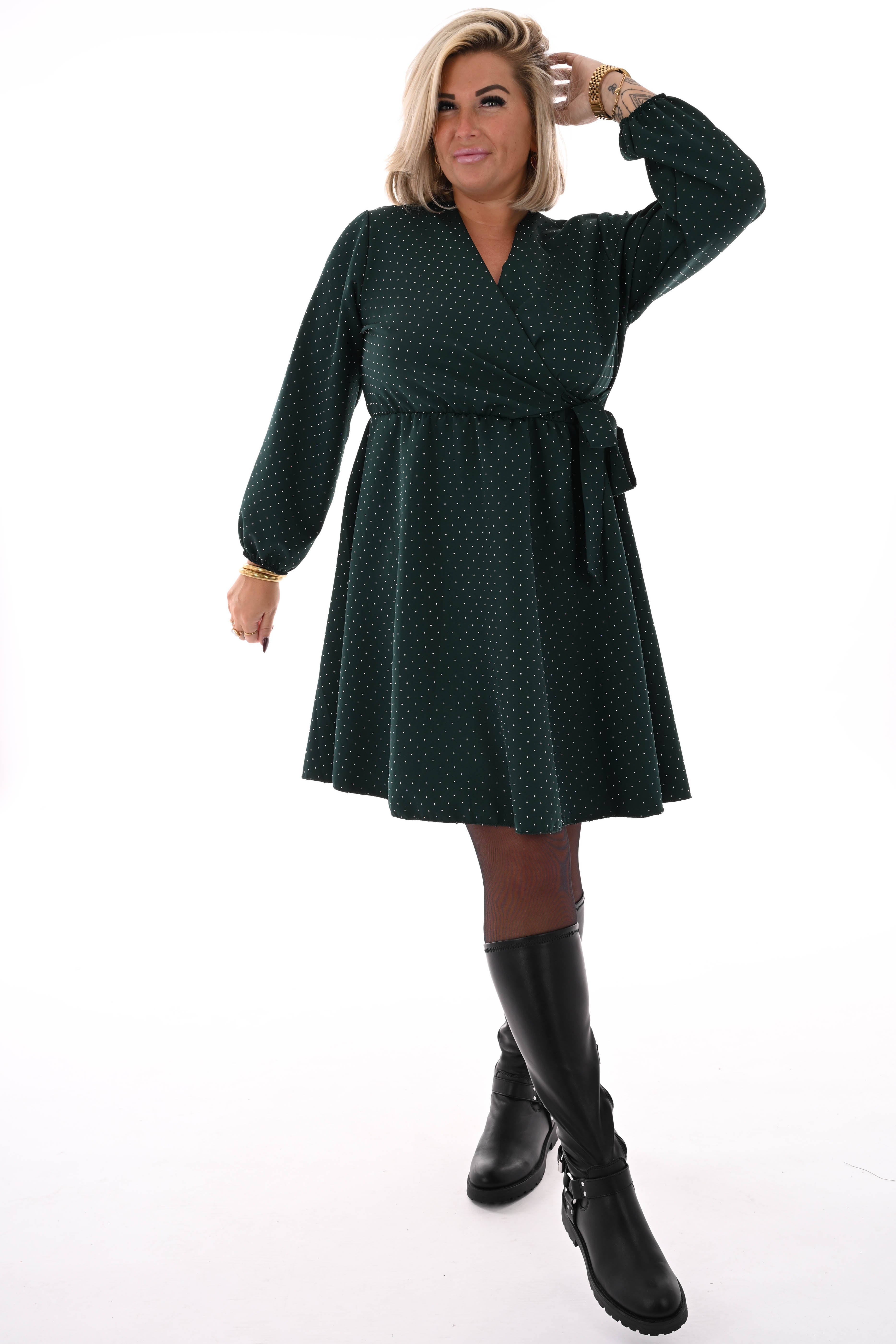 Korte jurk met strik en strass donkergroen