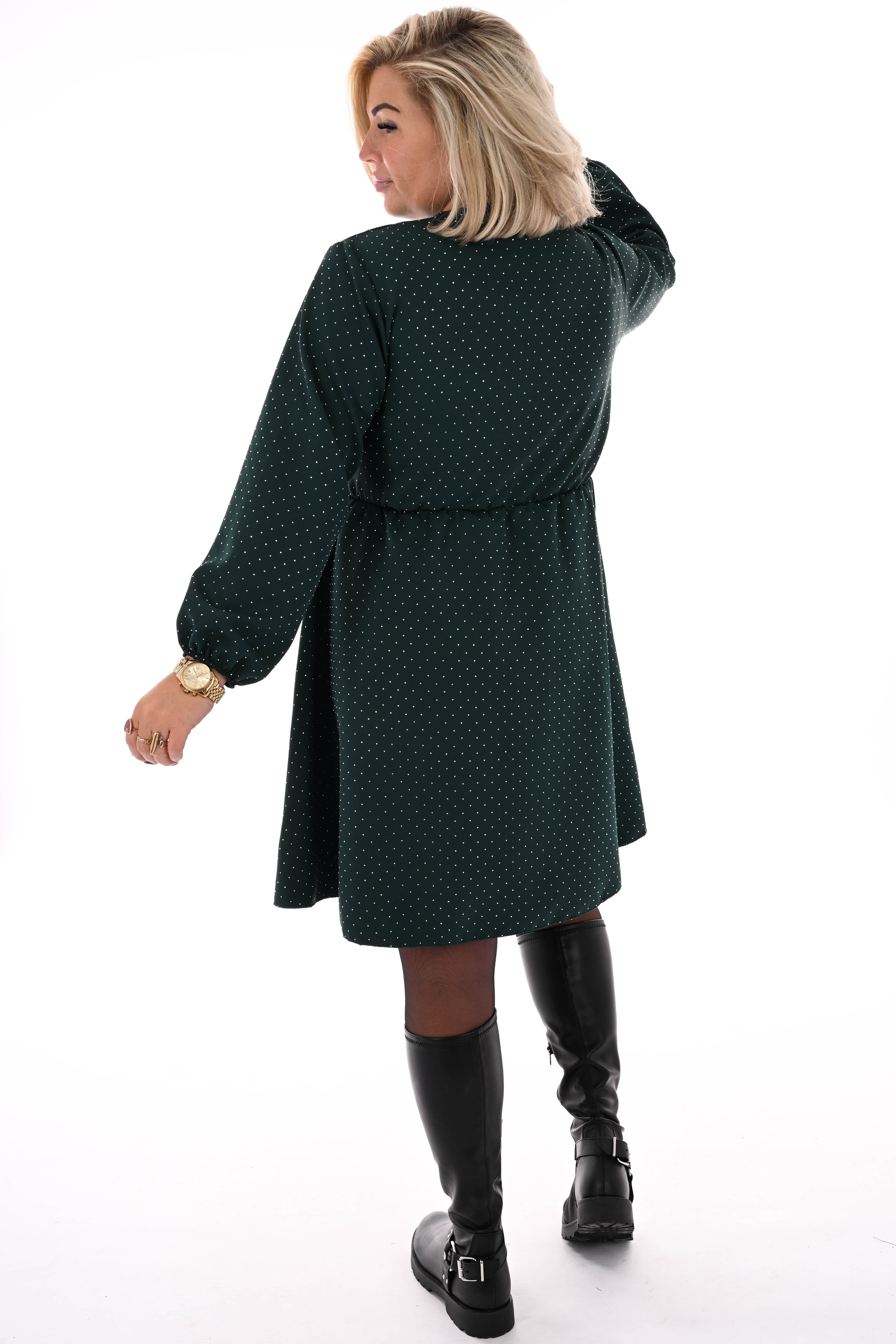 Korte jurk met strik en strass donkergroen