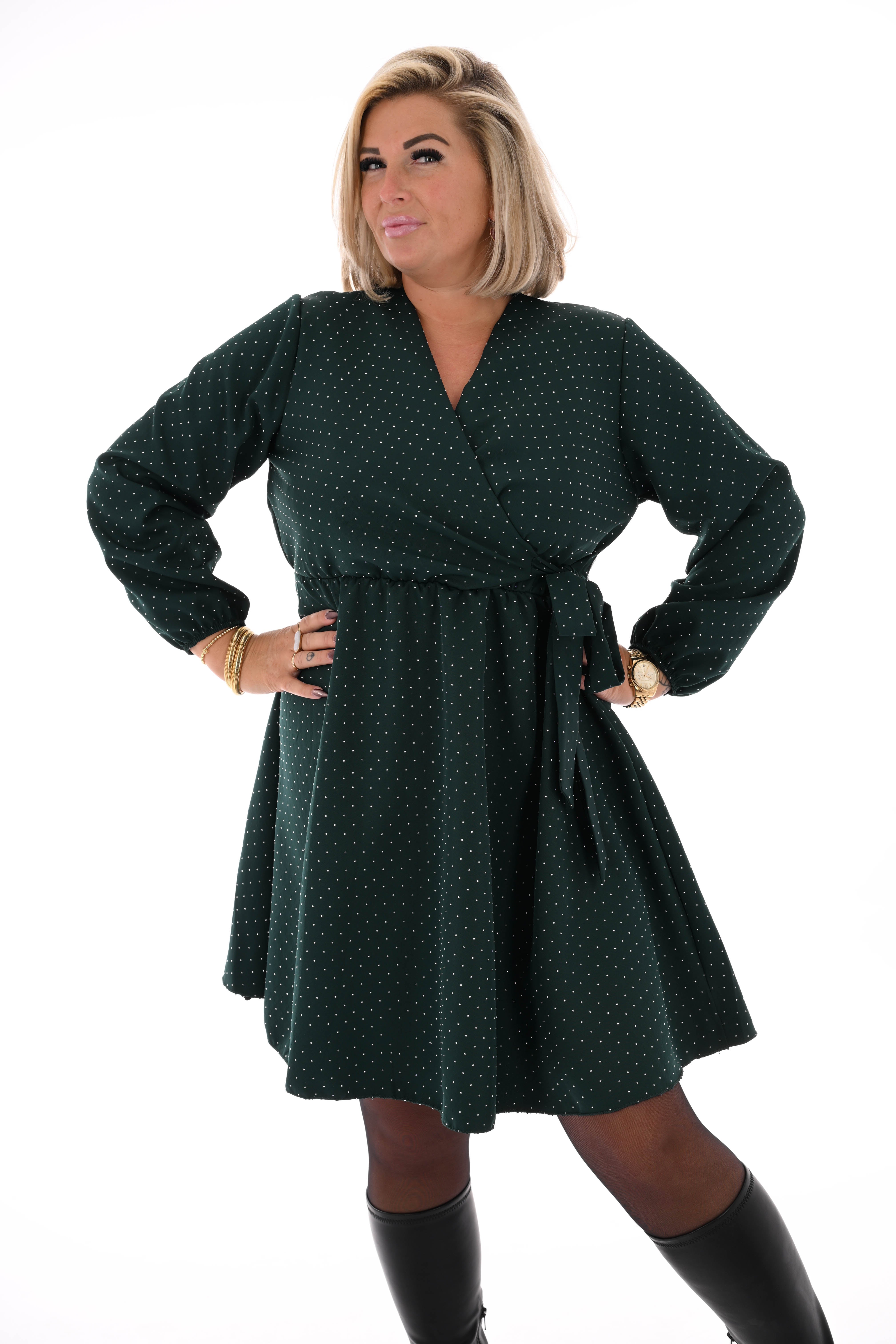 Korte jurk met strik en strass donkergroen