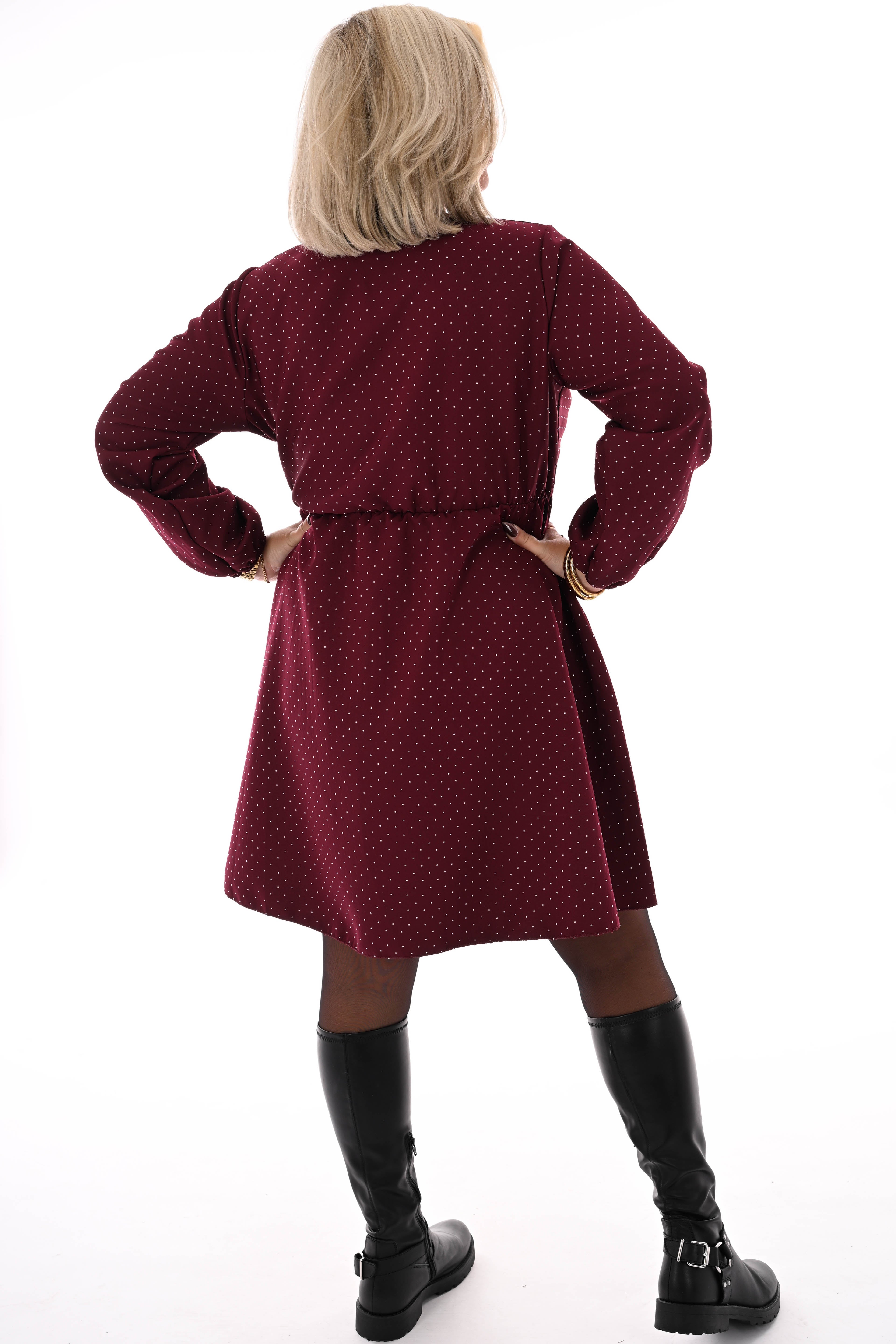 Korte jurk met strik en strass bordeaux