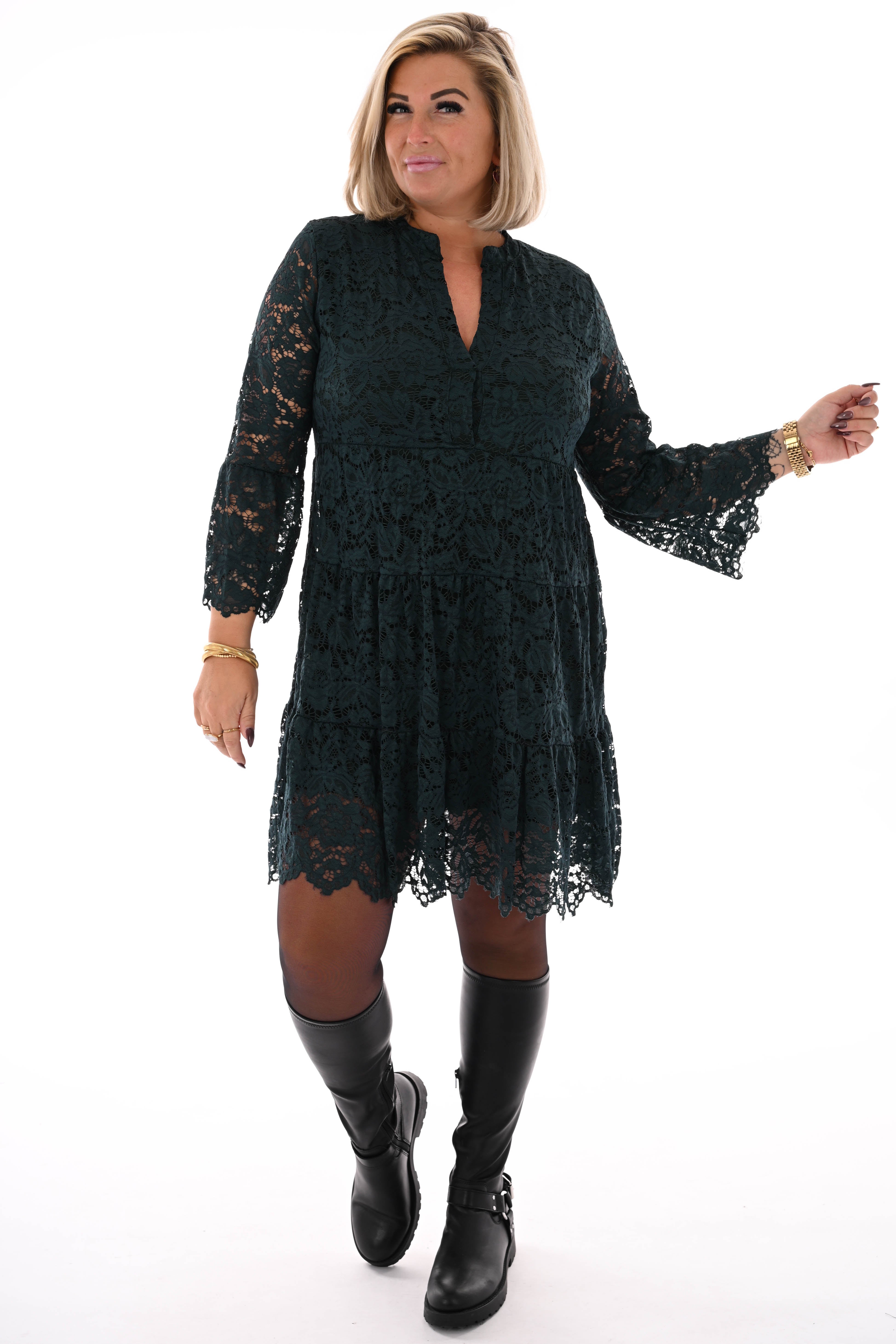 Korte kanten jurk met v-hals donkergroen