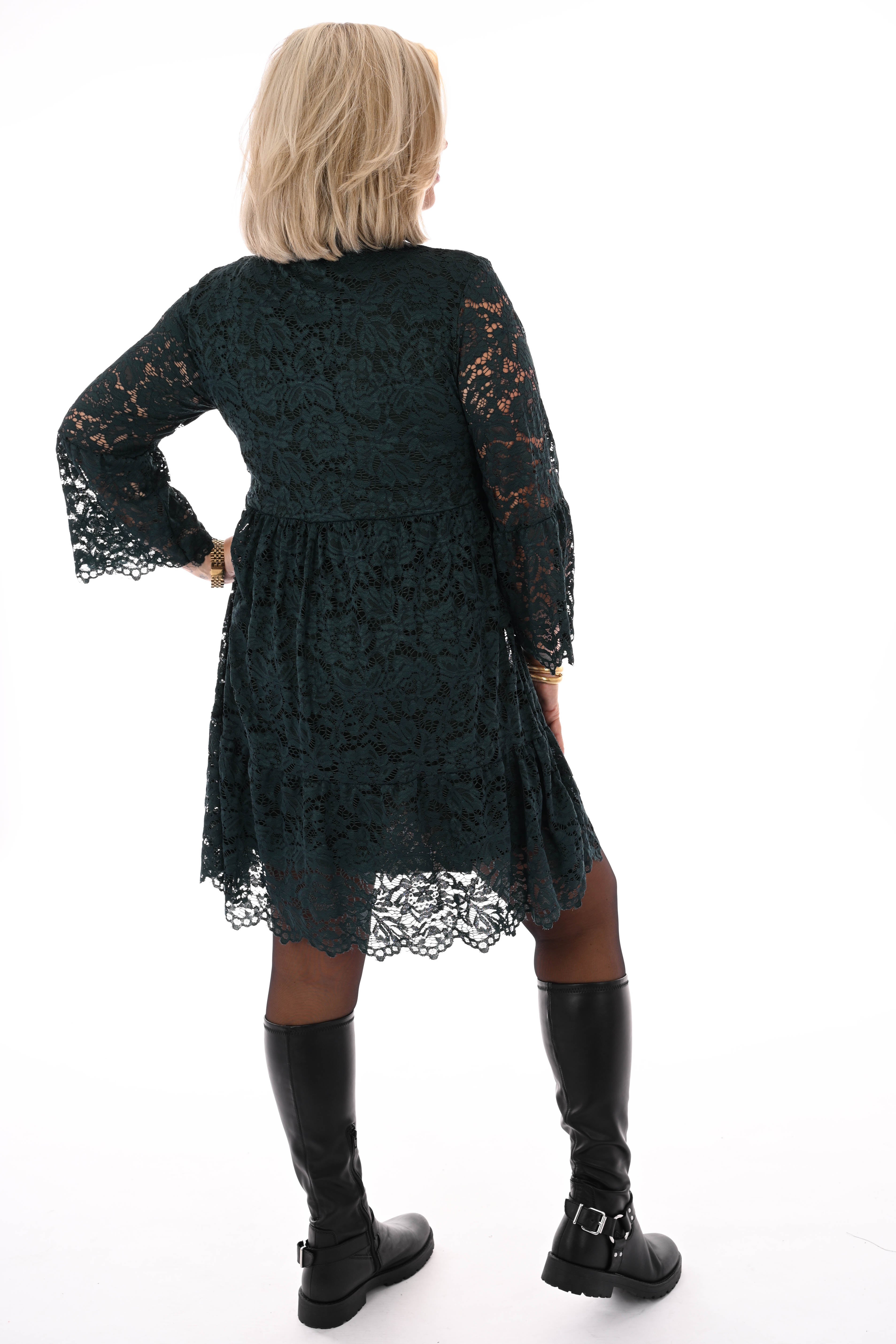 Korte kanten jurk met v-hals donkergroen