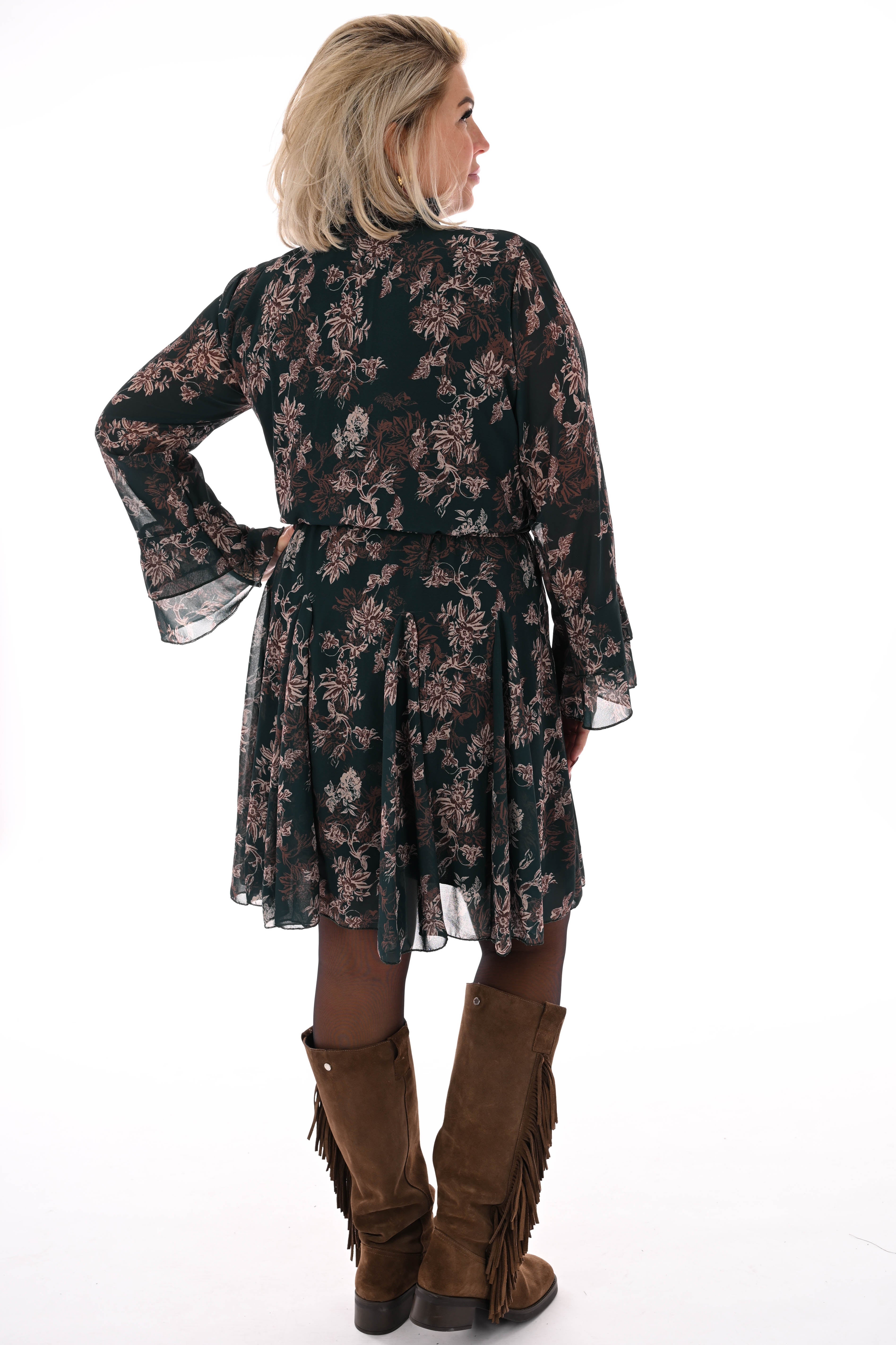 Korte jurk met trompetmouwen bloemenprint flessengroen