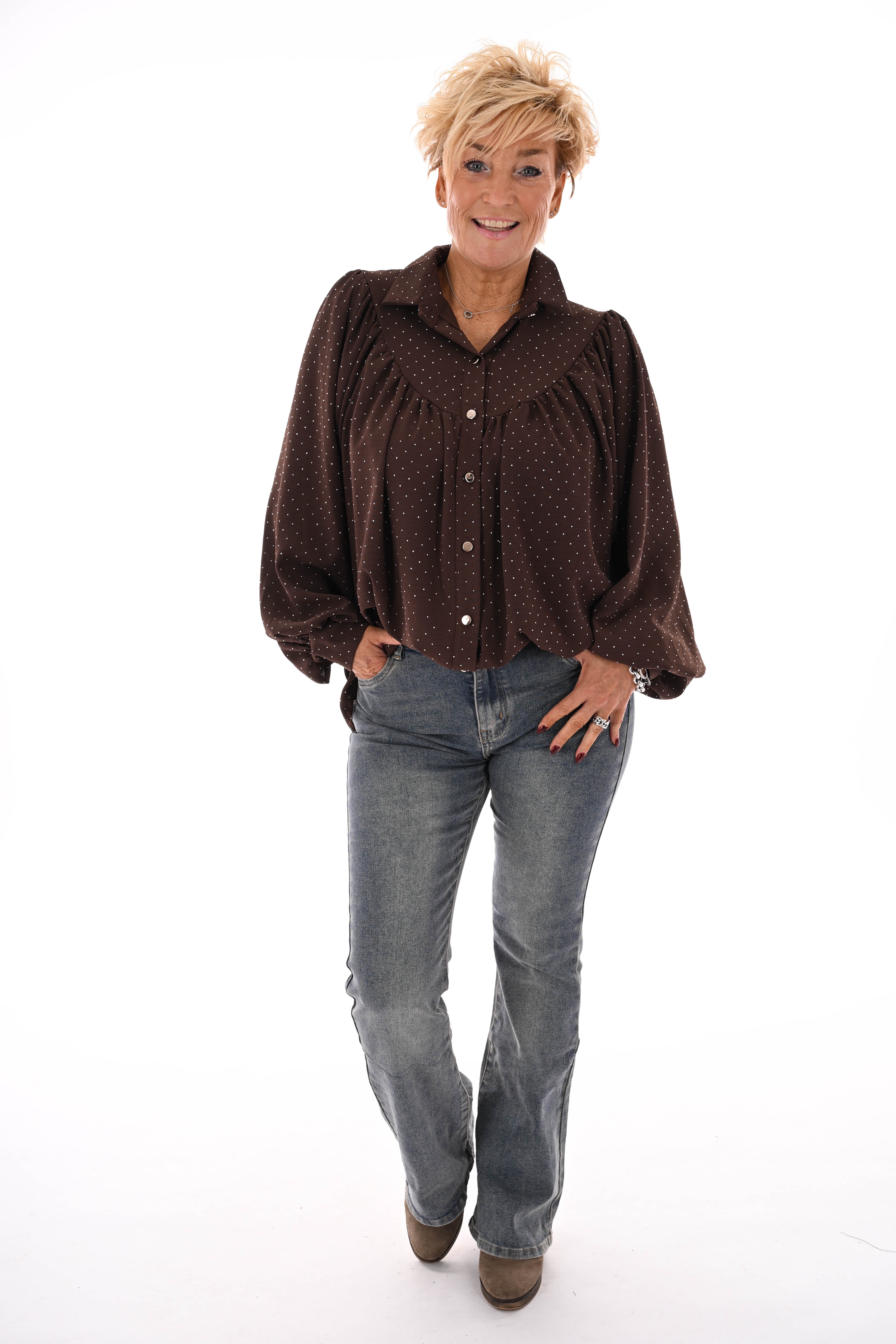 Blouse met strass plooienhals bruin