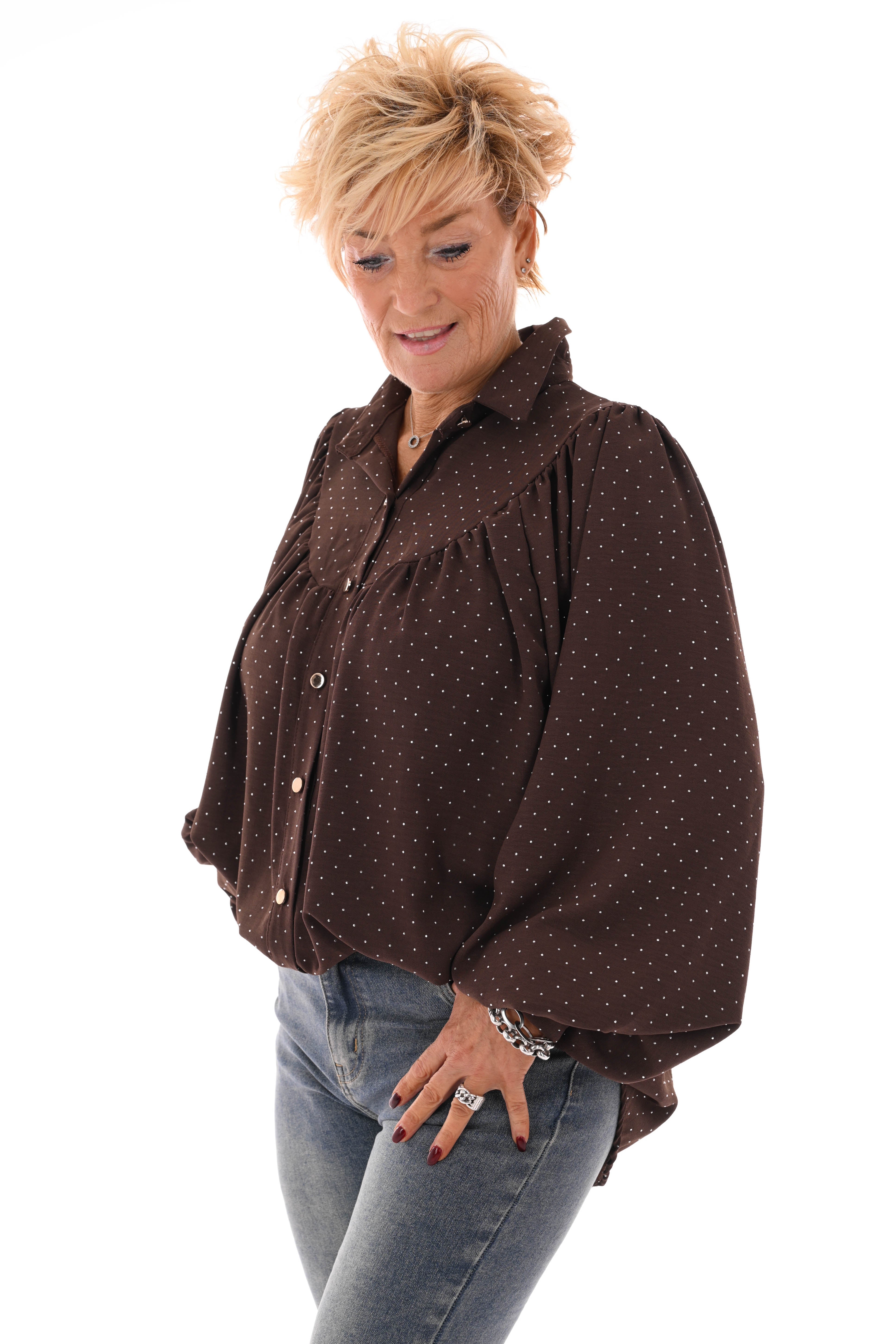 Blouse met strass plooienhals bruin