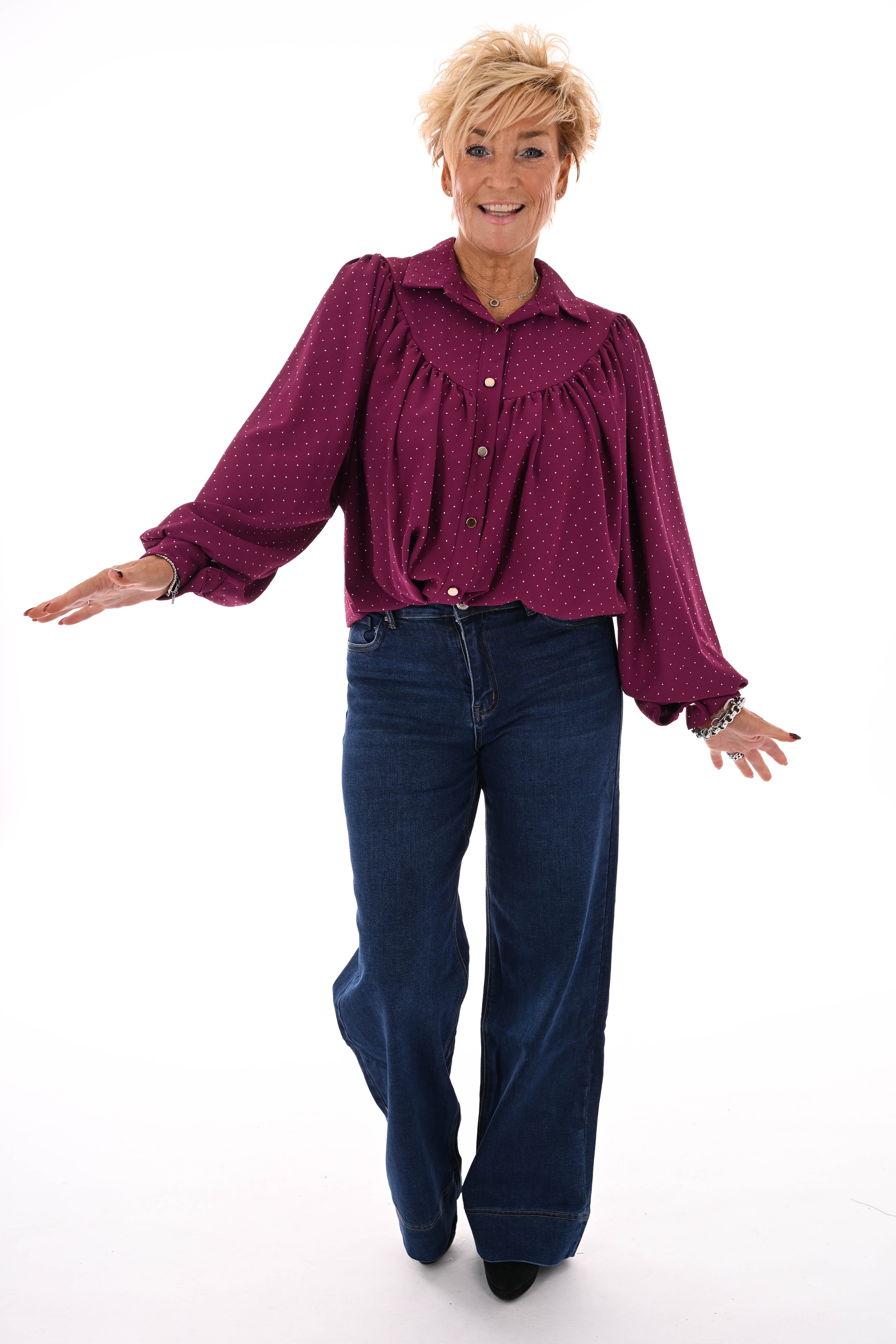 Blouse met strass plooienhals magenta