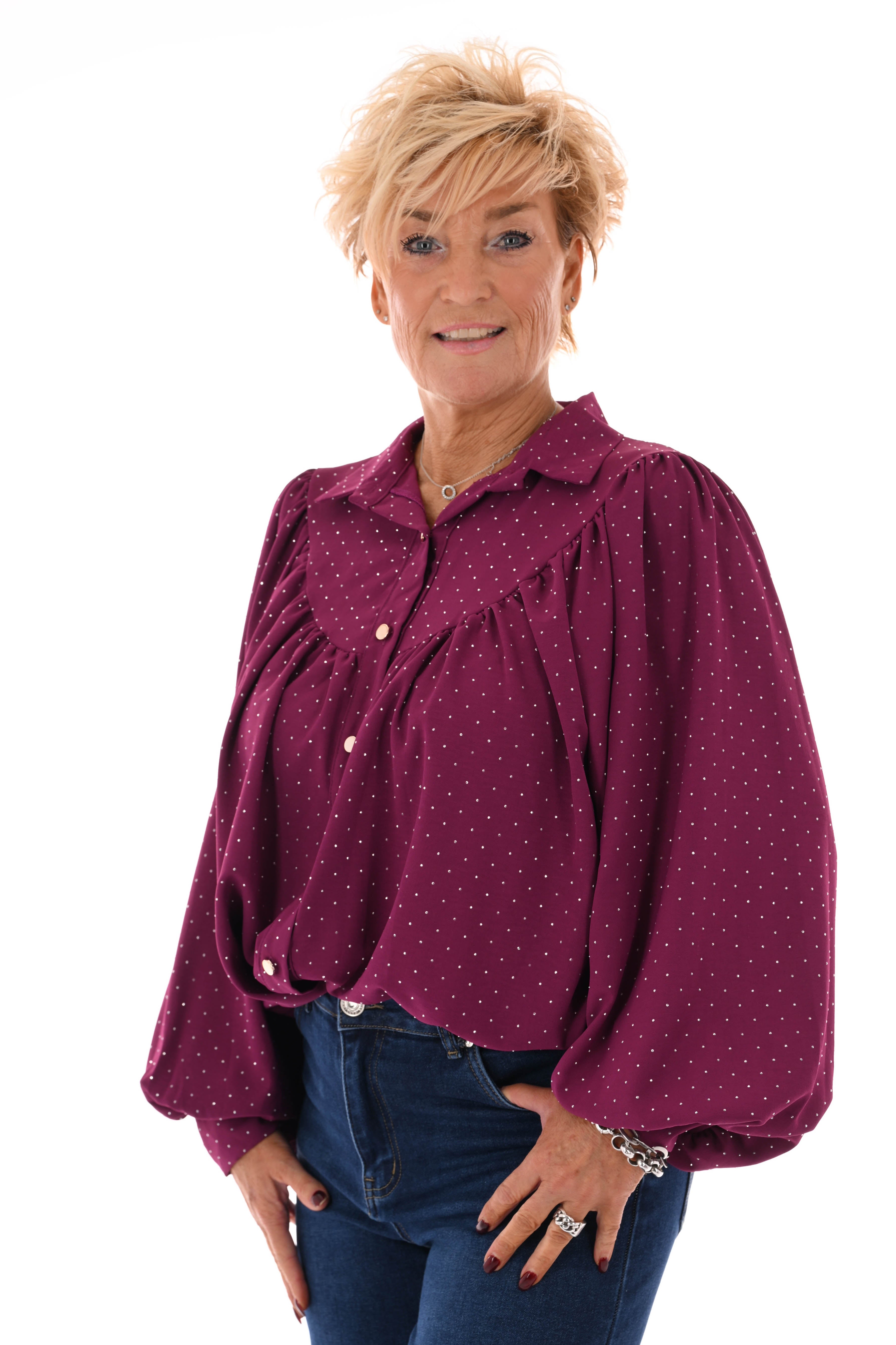 Blouse met strass plooienhals magenta