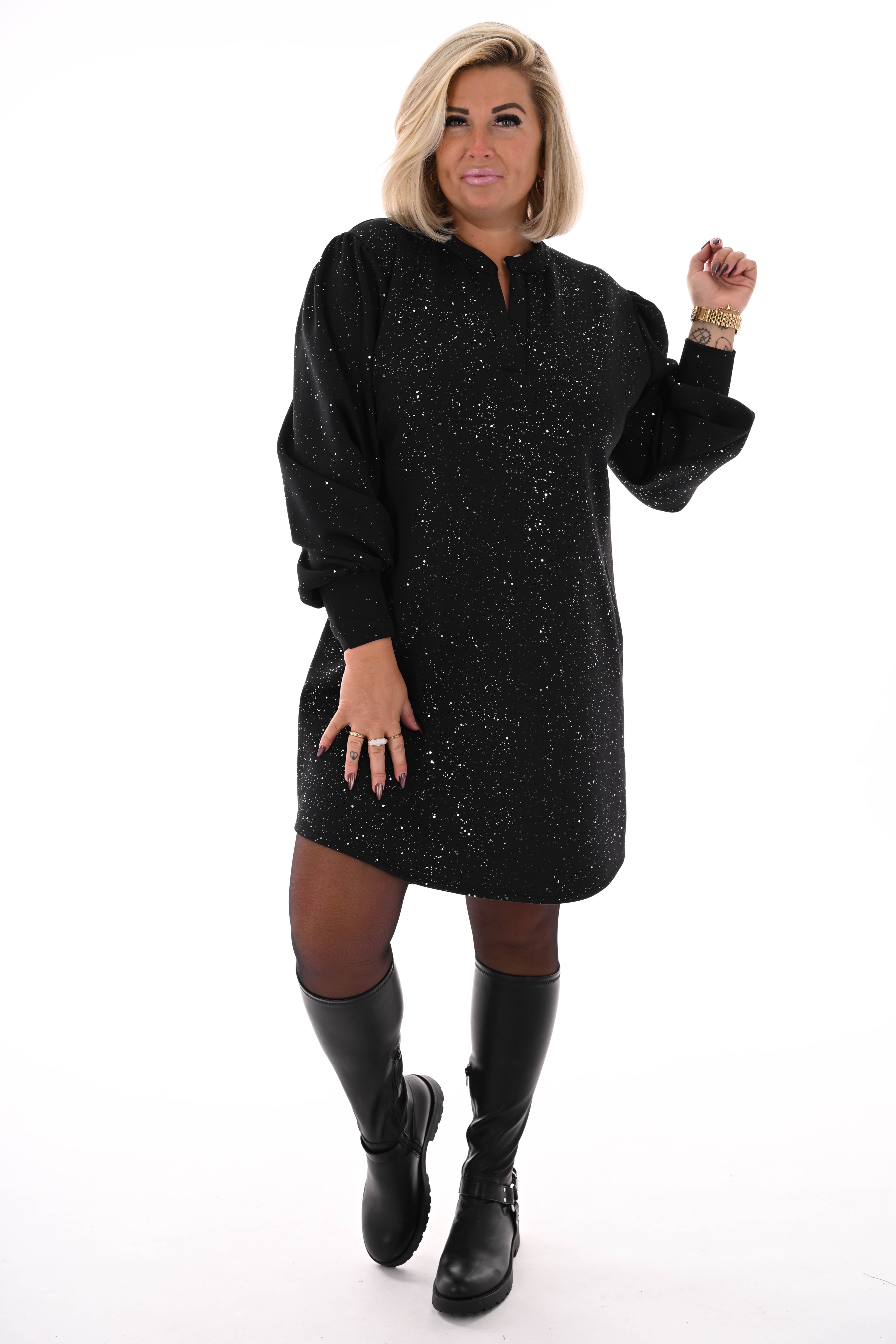 Jurk v-hals en pofmouwen glitter zwart