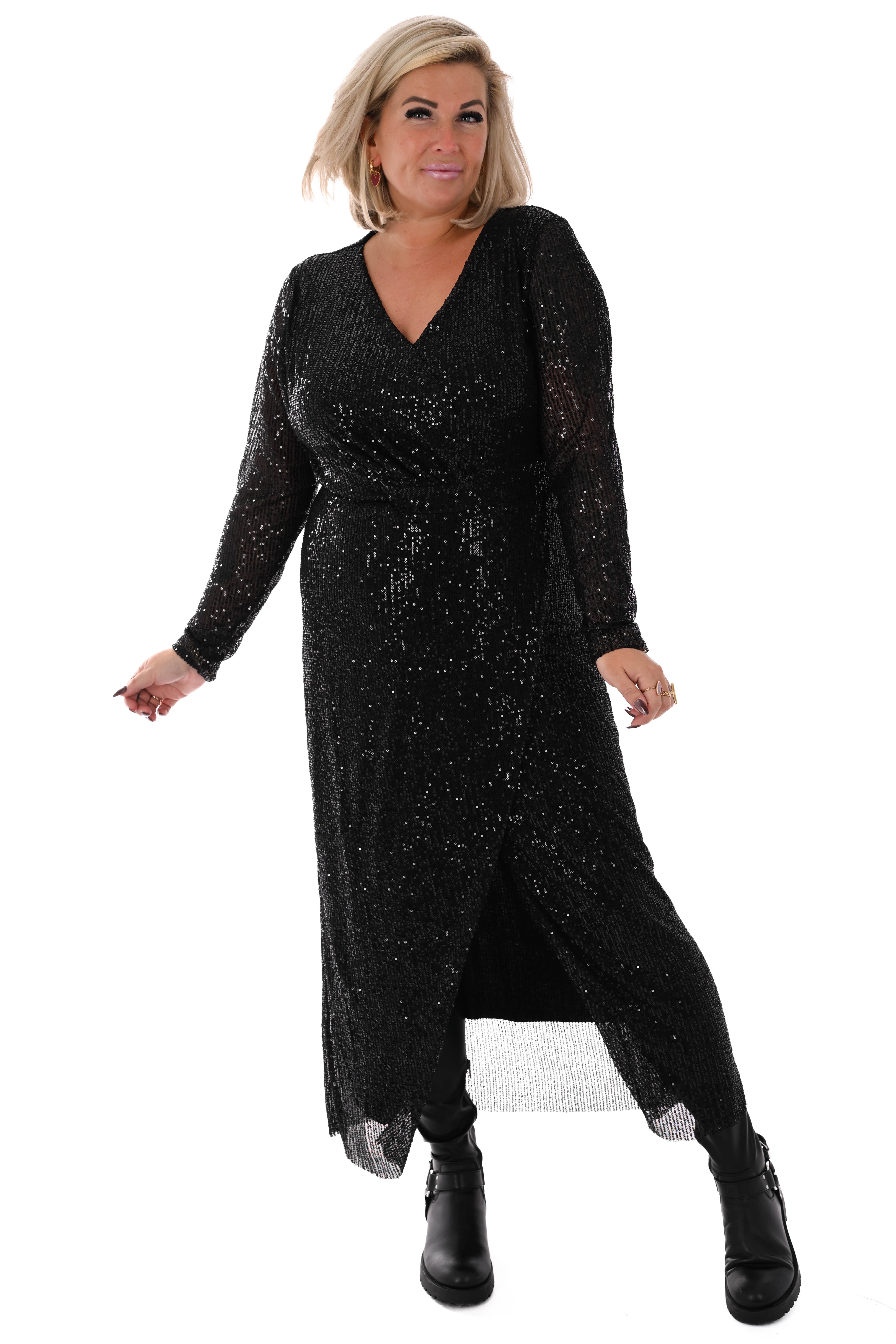 Lange pailletten jurk v-hals zwart