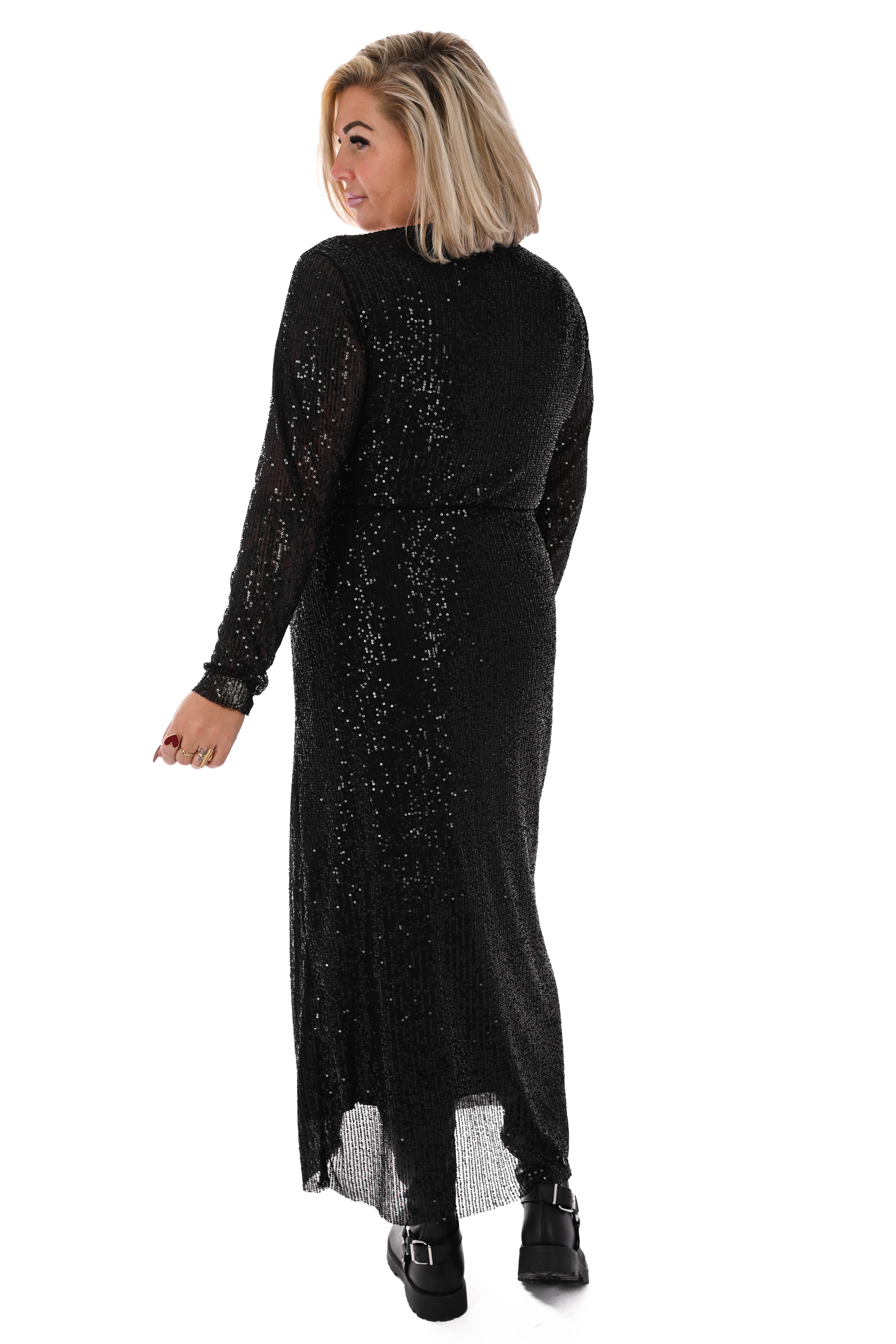 Lange pailletten jurk v-hals zwart