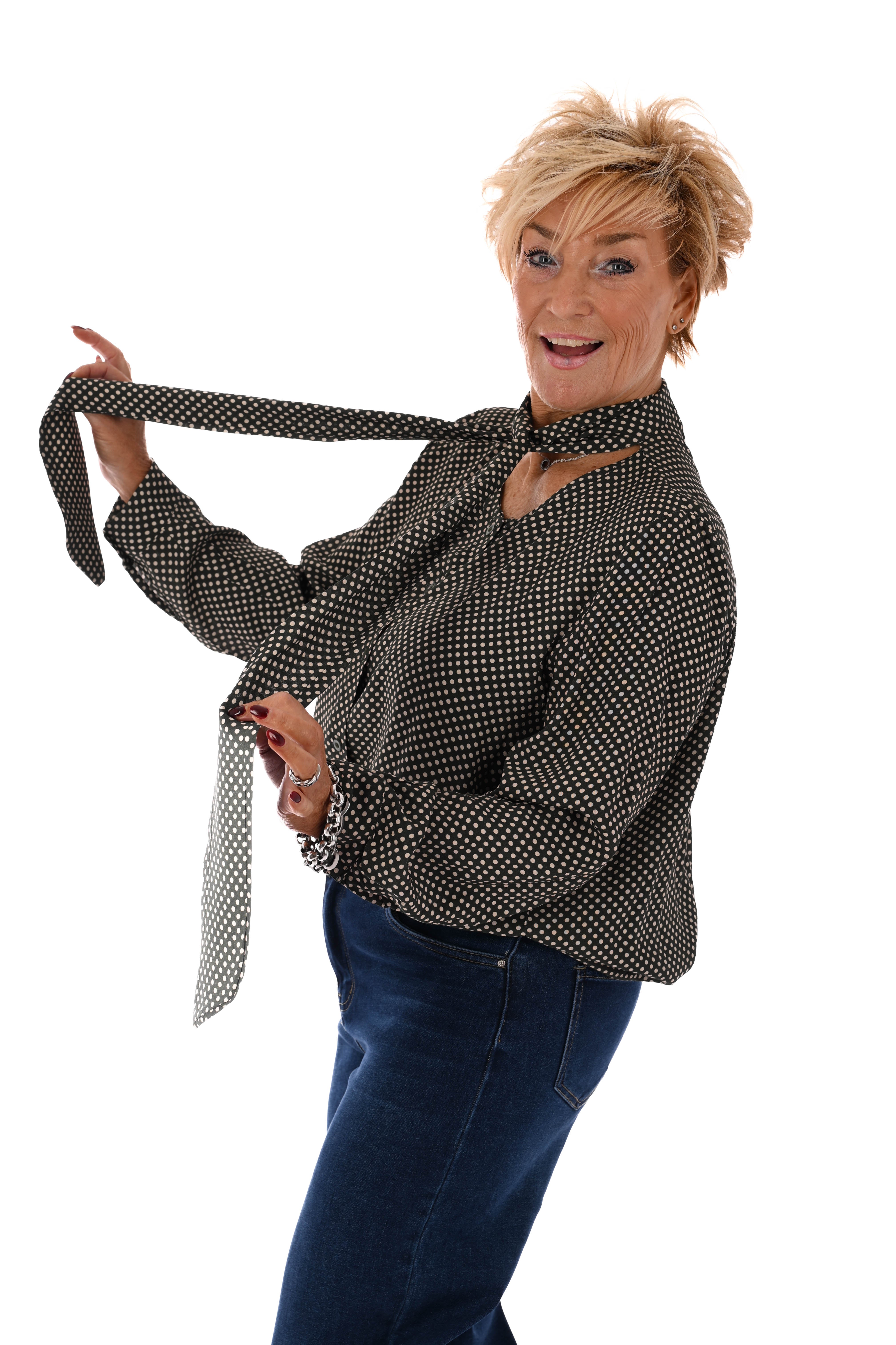 Doorknoop blouse kleine dots met strik legergroen