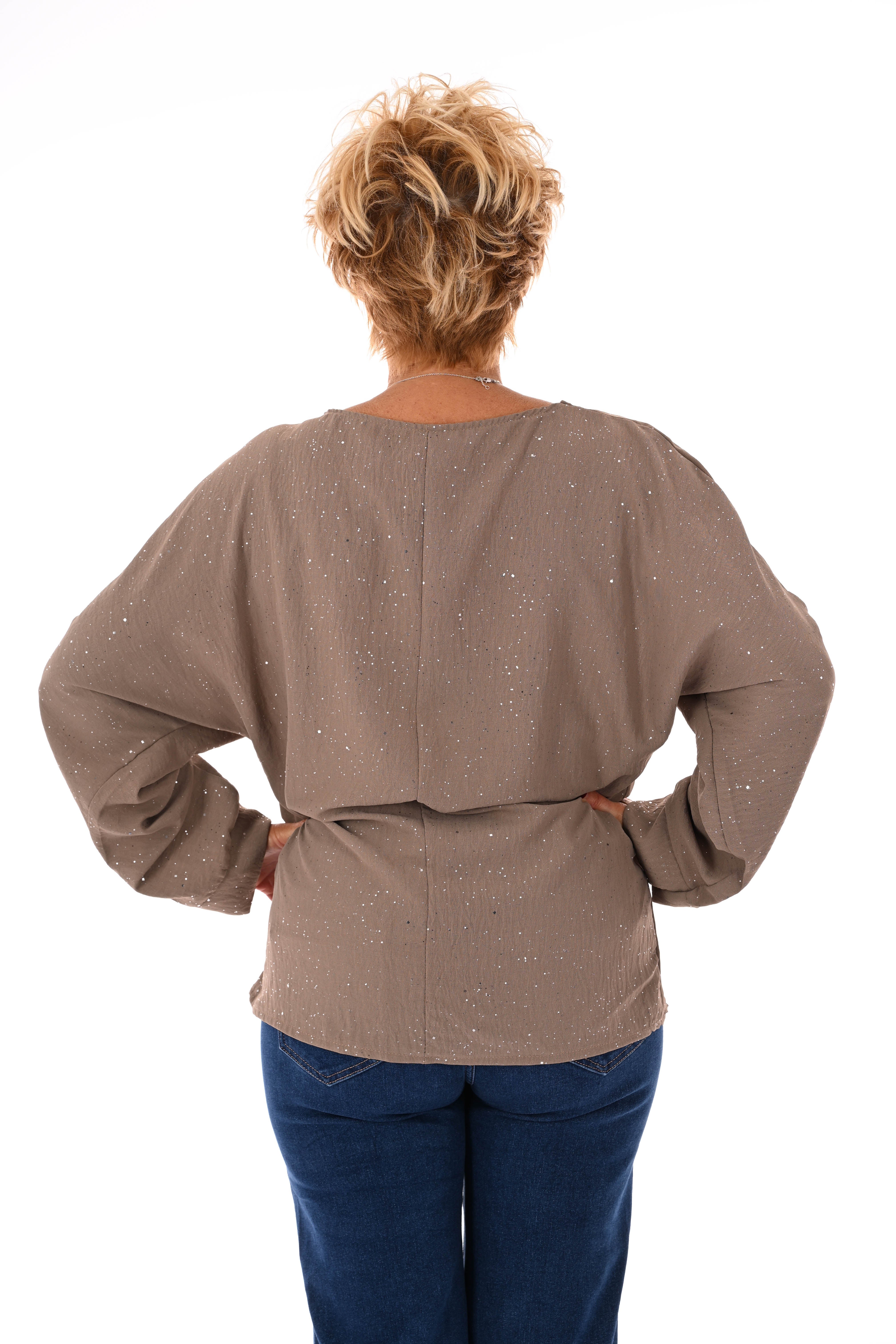 Glitter top met gesp beige