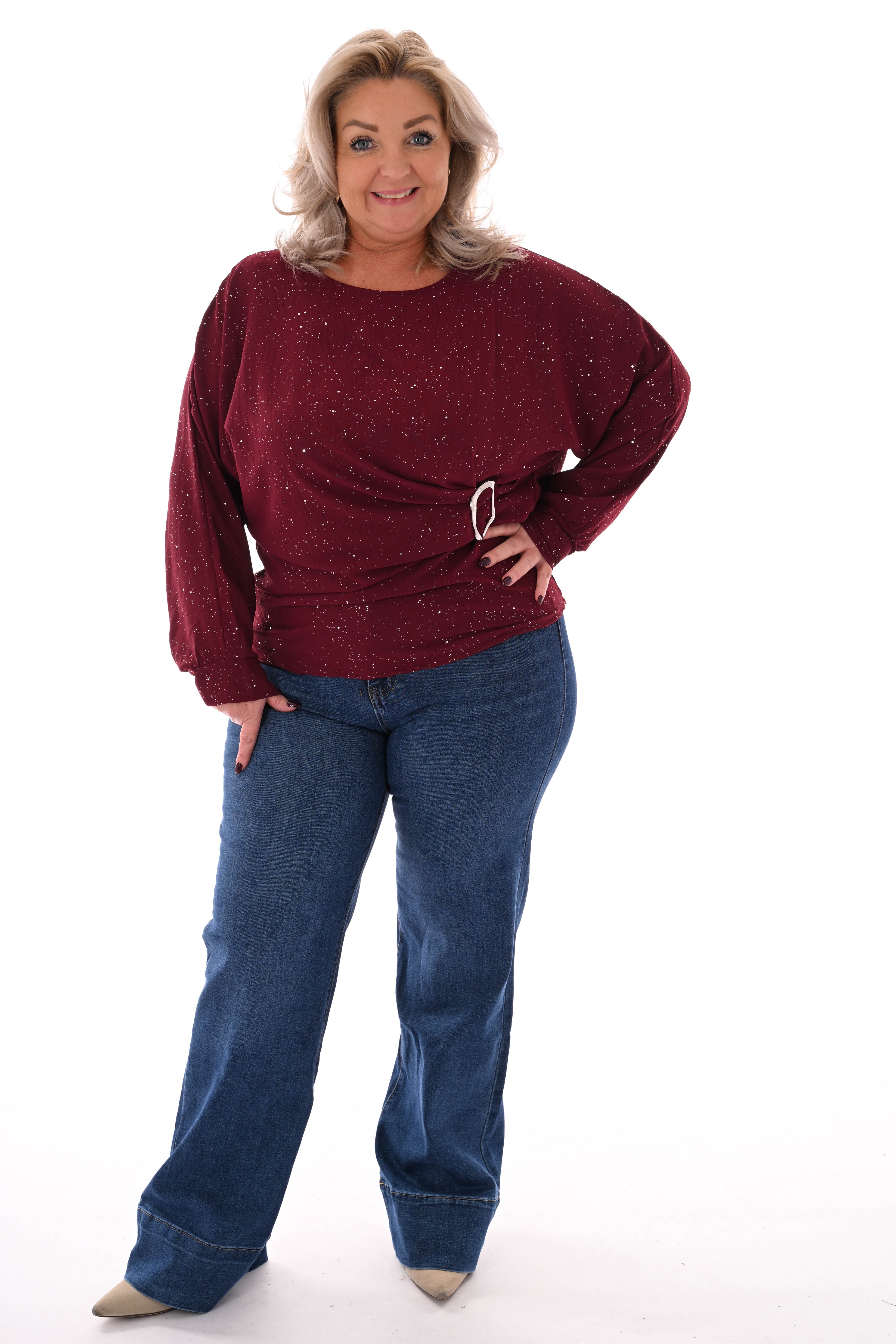 Glitter top met gesp bordeaux