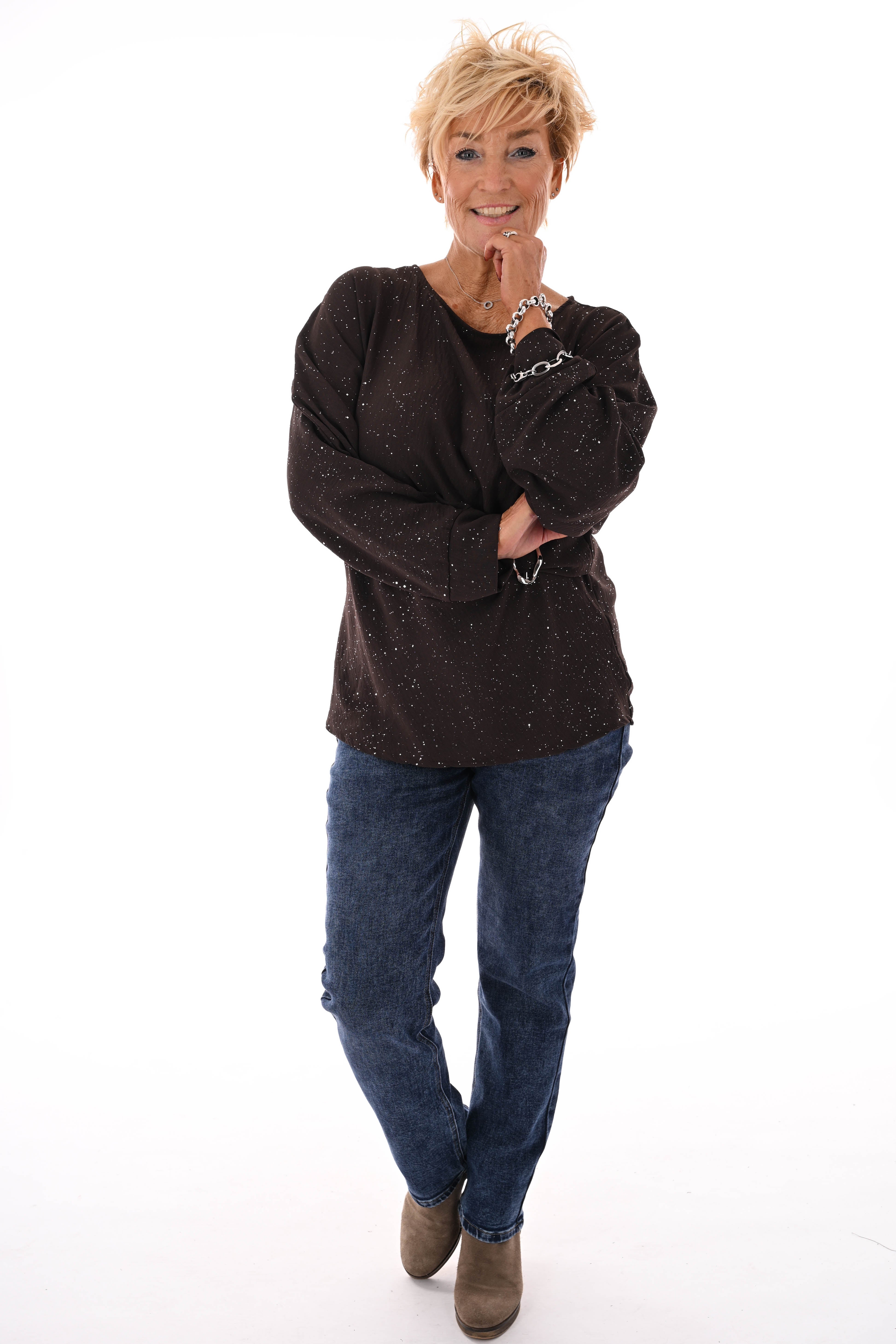 Glitter top met gesp donkerbruin
