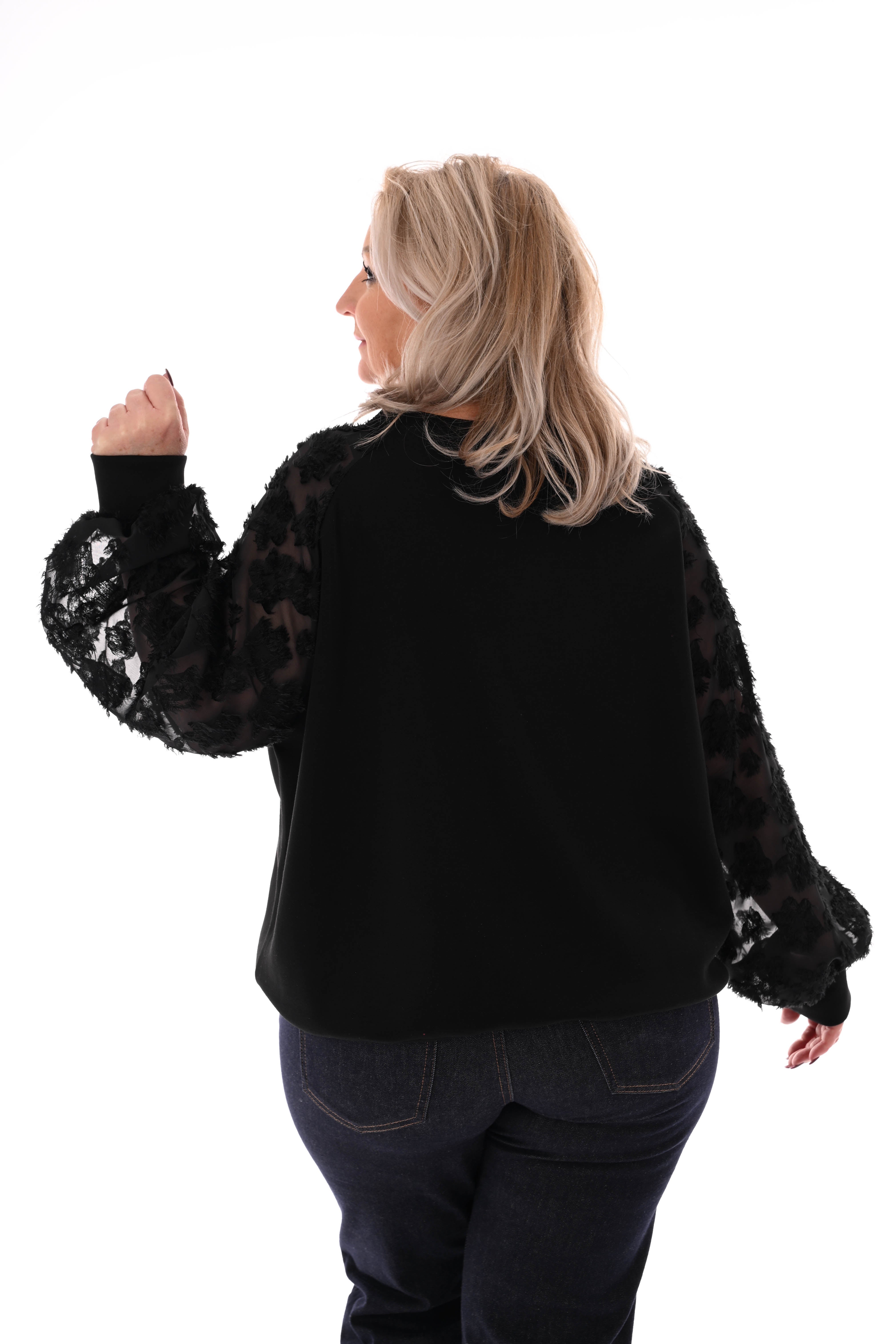 Sweater roezel bloemen mouwen zwart