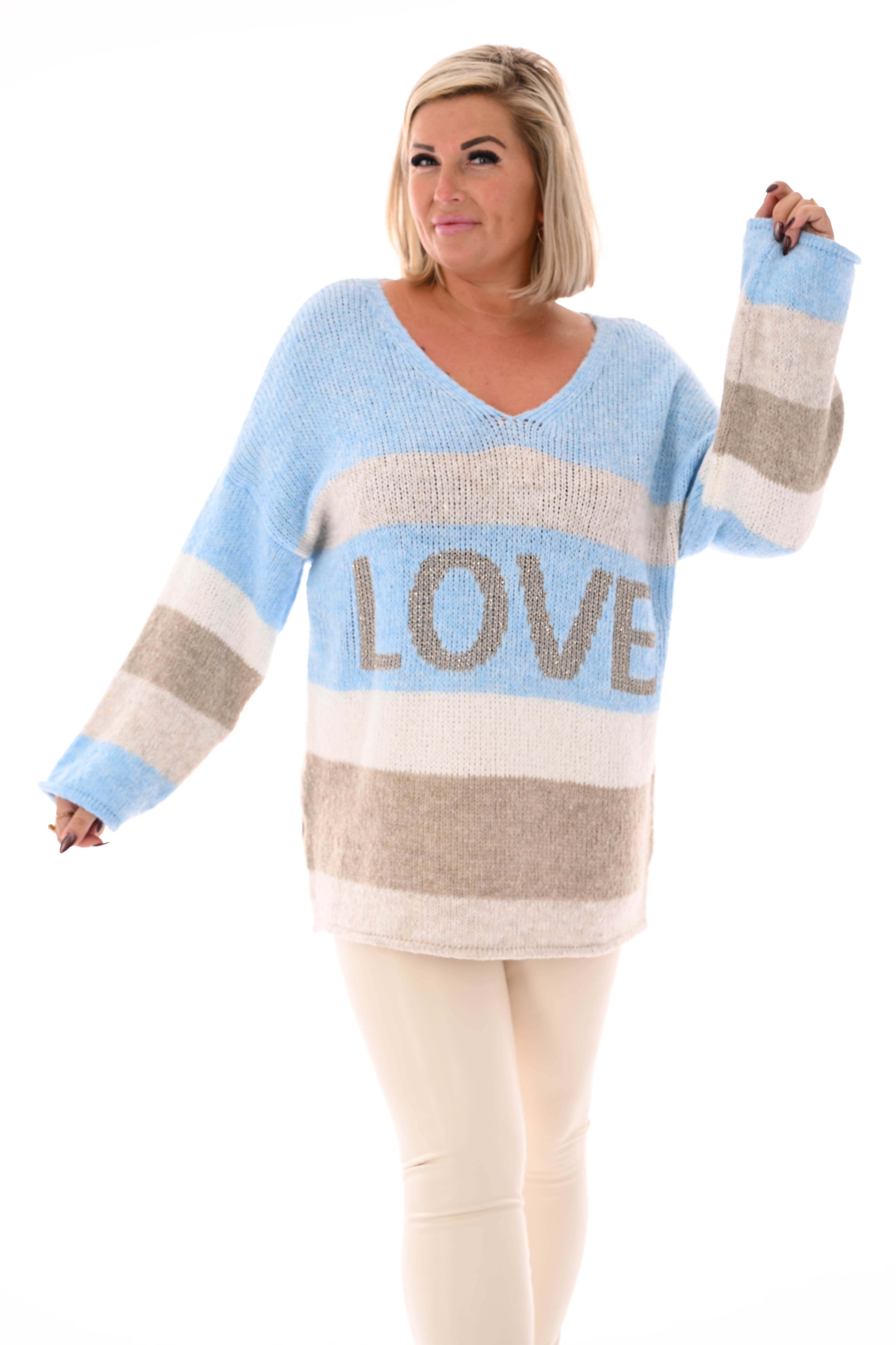 Gebreide trui love lichtblauw/beige