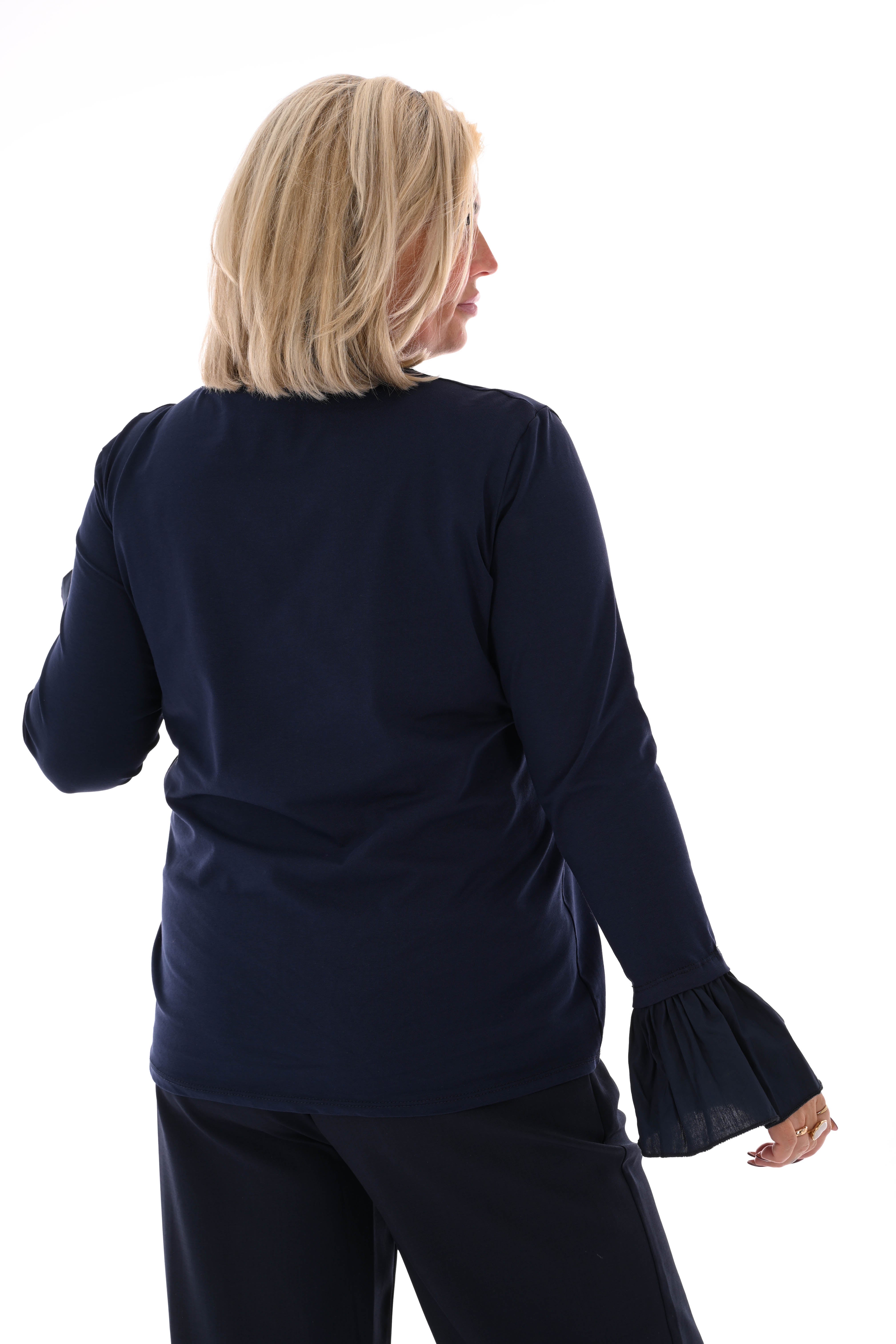 Basic shirt trompetmouwen uni marineblauw