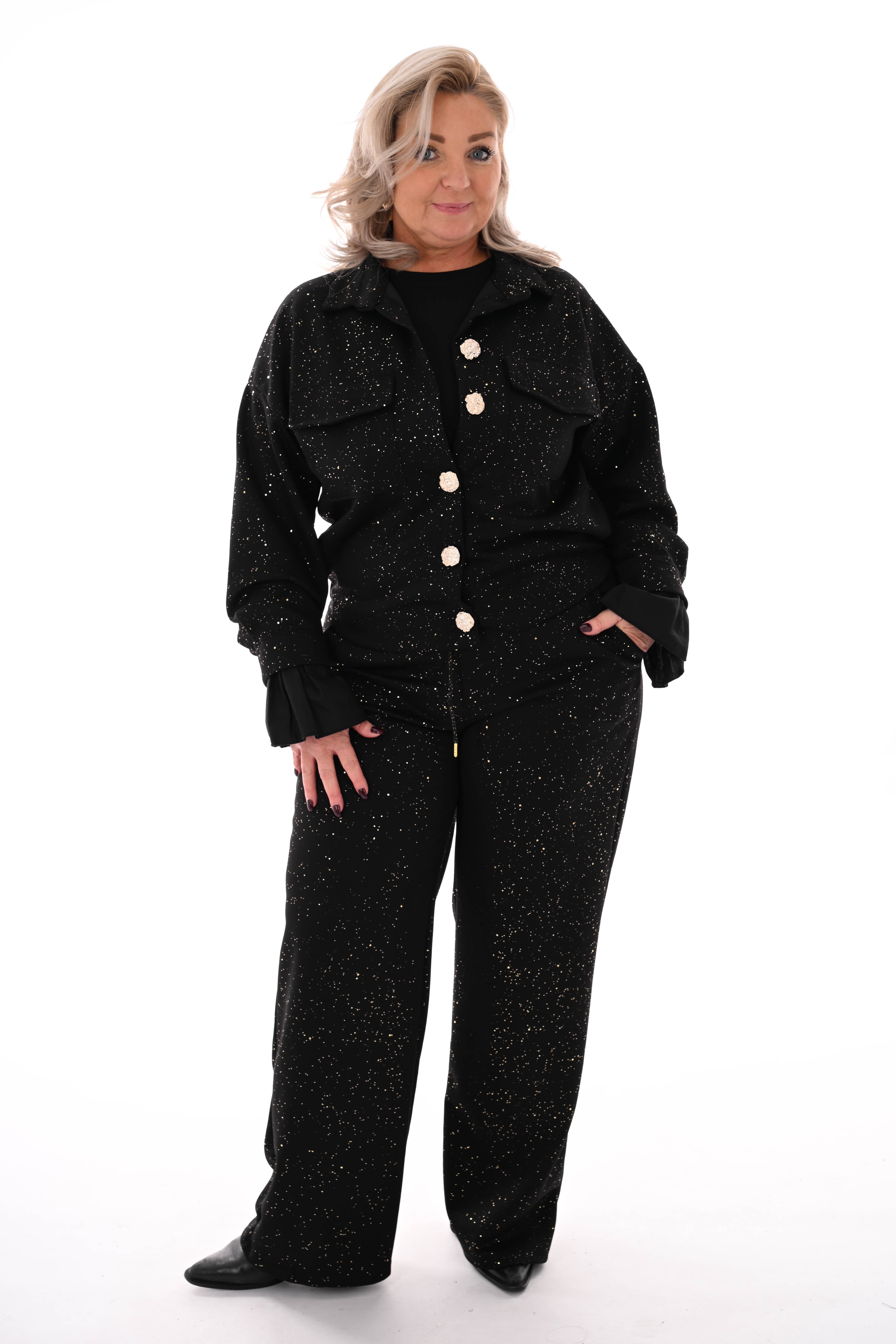 Tweedelig pak blouse met borstzakken en knopen glitters zwart