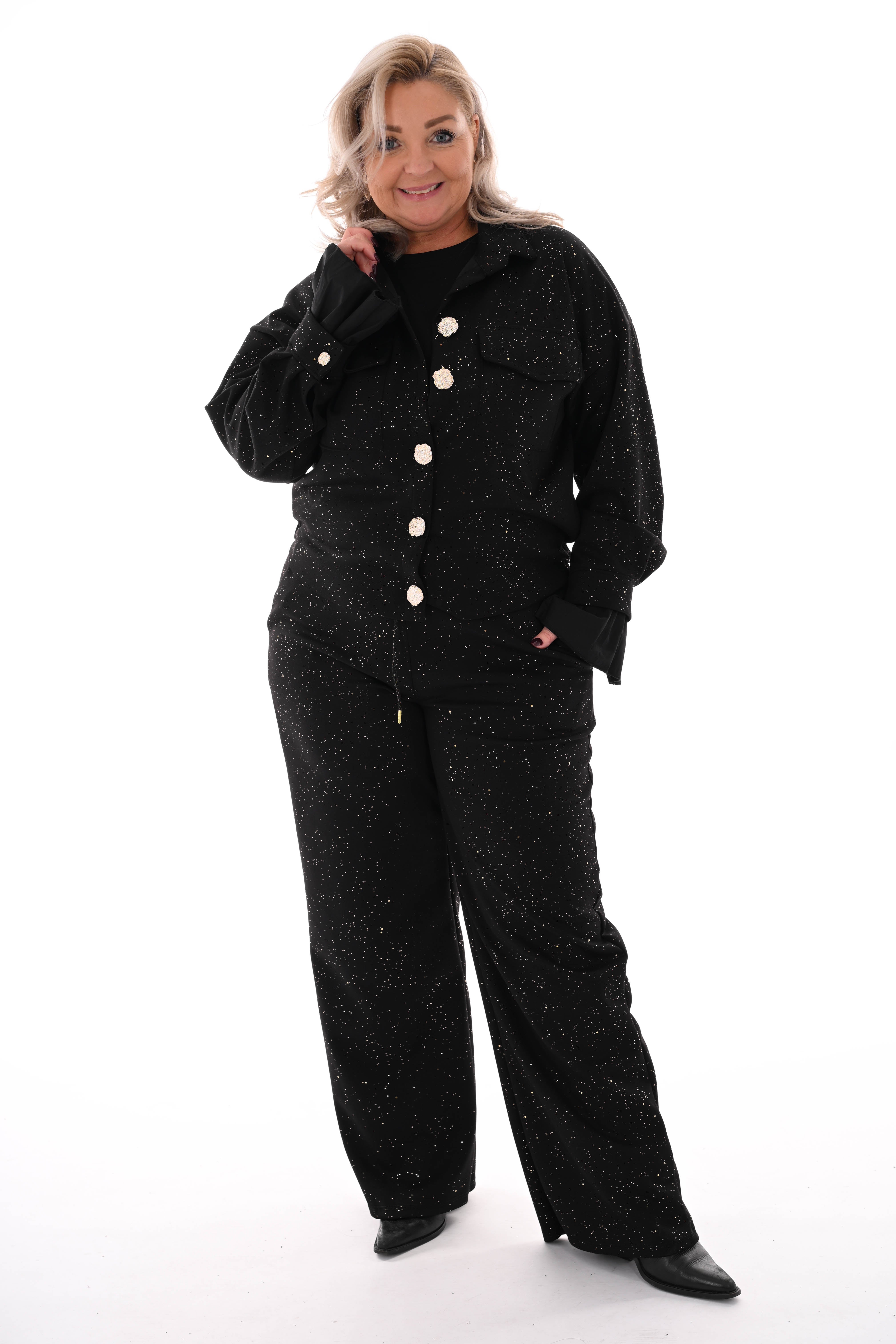 Tweedelig pak blouse met borstzakken en knopen glitters zwart