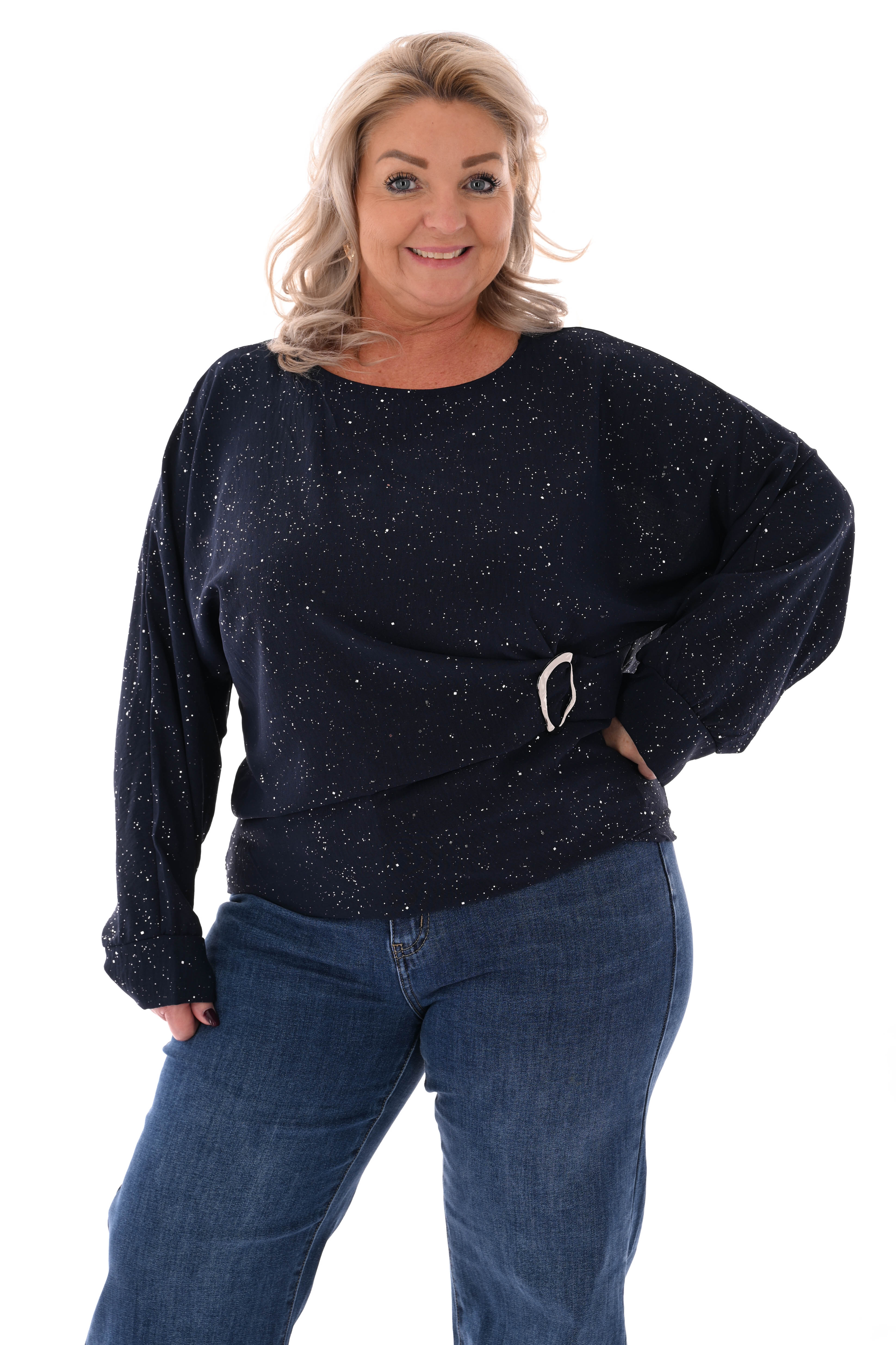 Glitter top met gesp marineblauw
