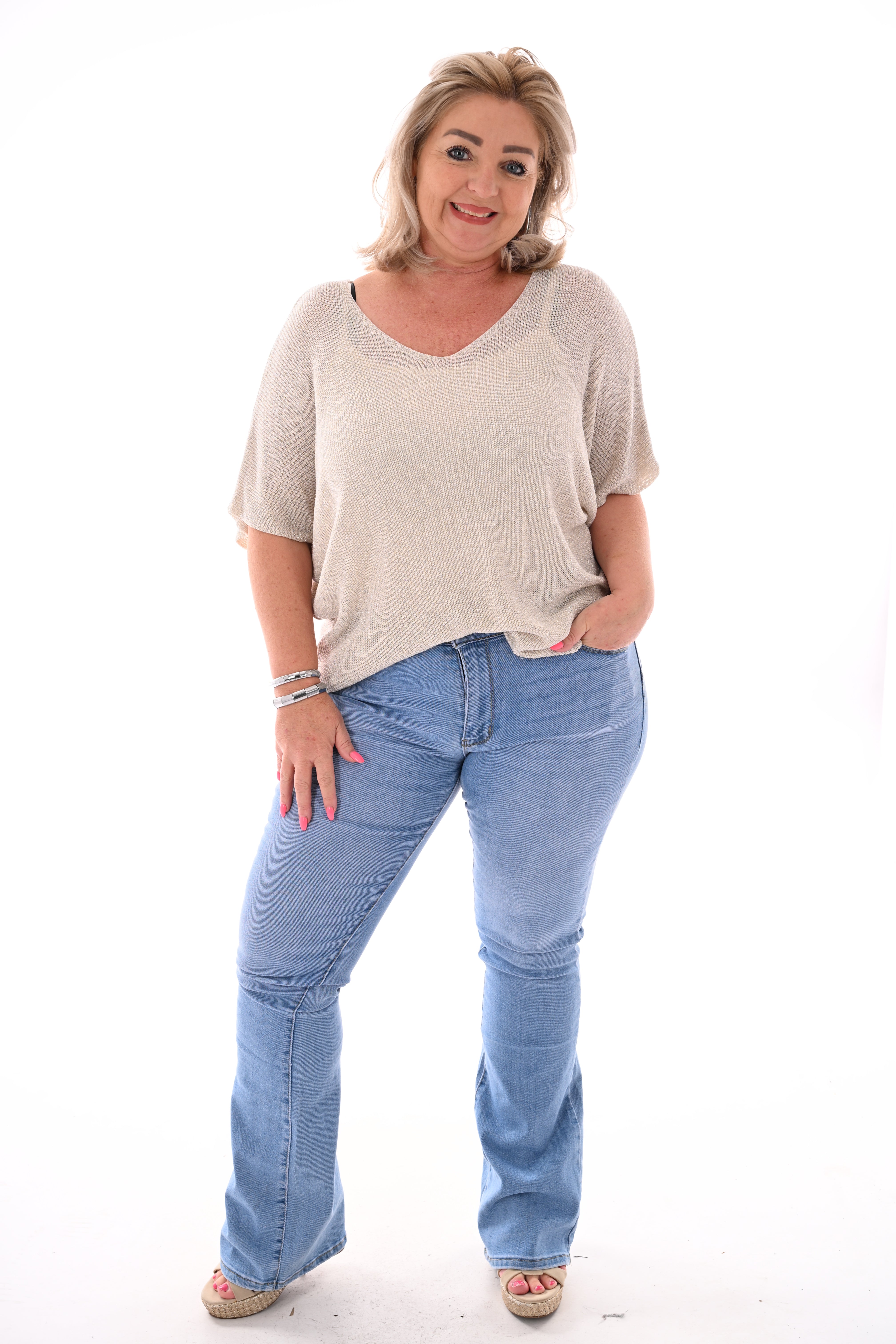 Shirt v-hals lurex beige
