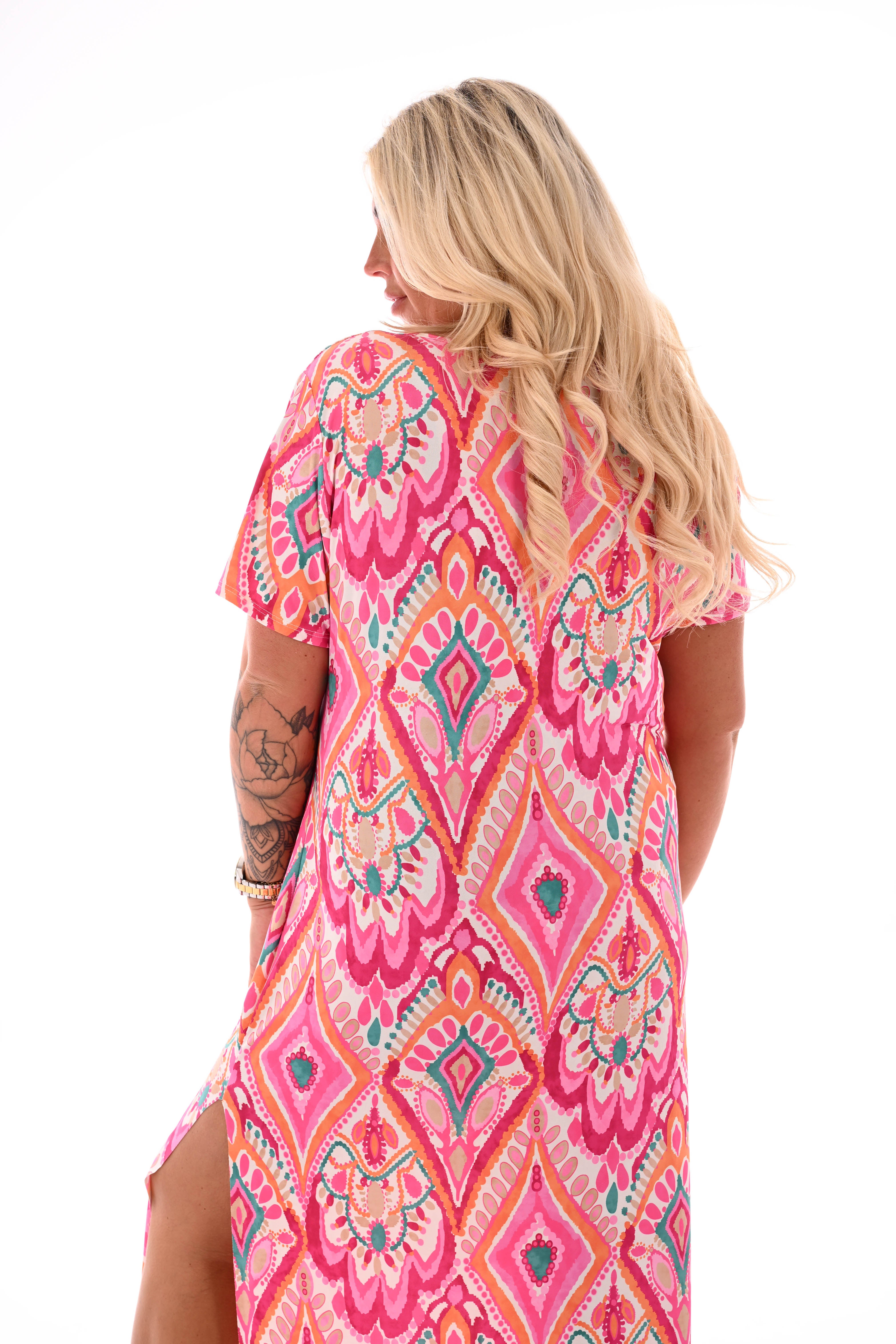 Jurk met knoop detail print oranje/roze