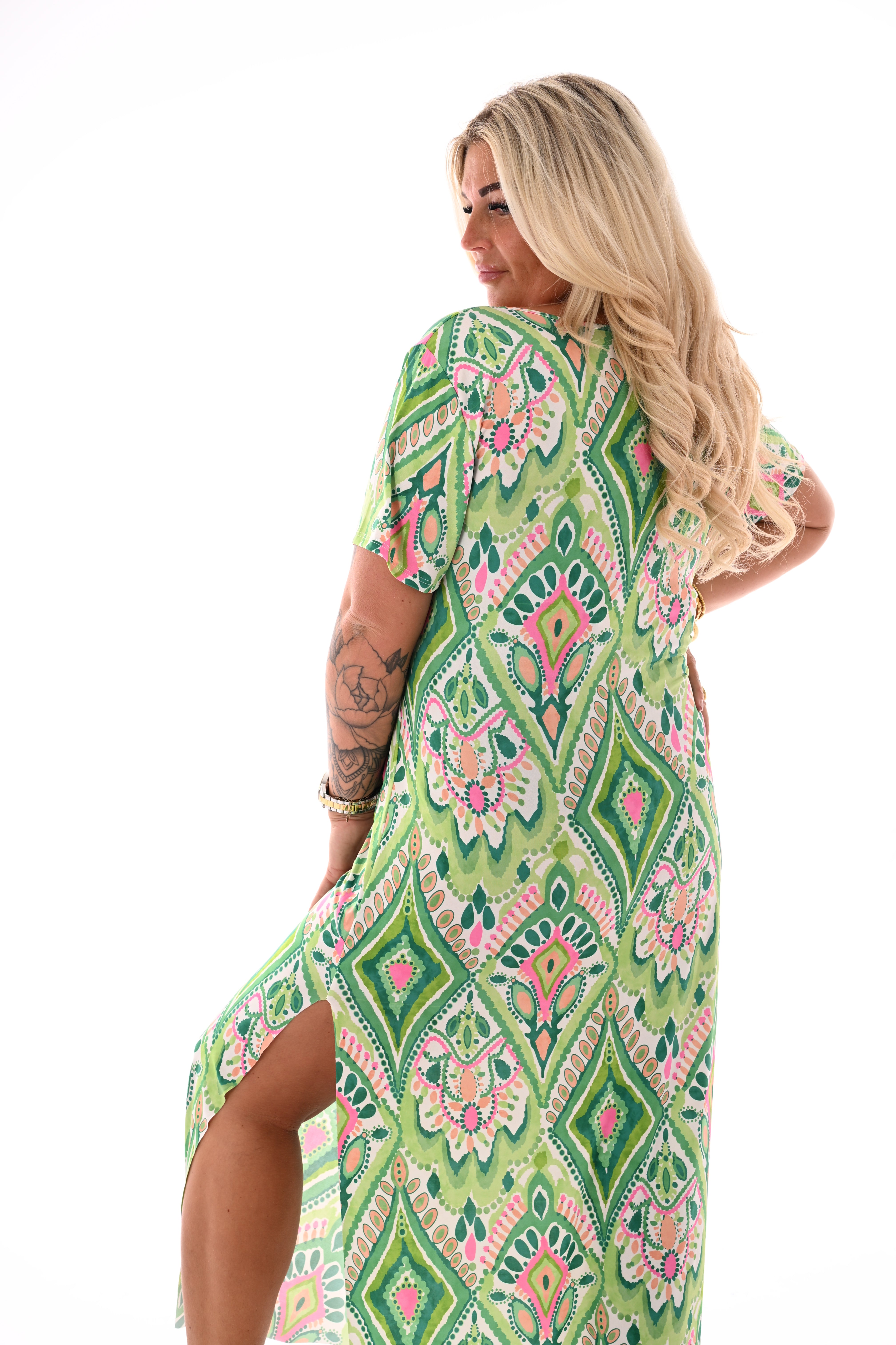 Jurk met knoop detail print groen/roze