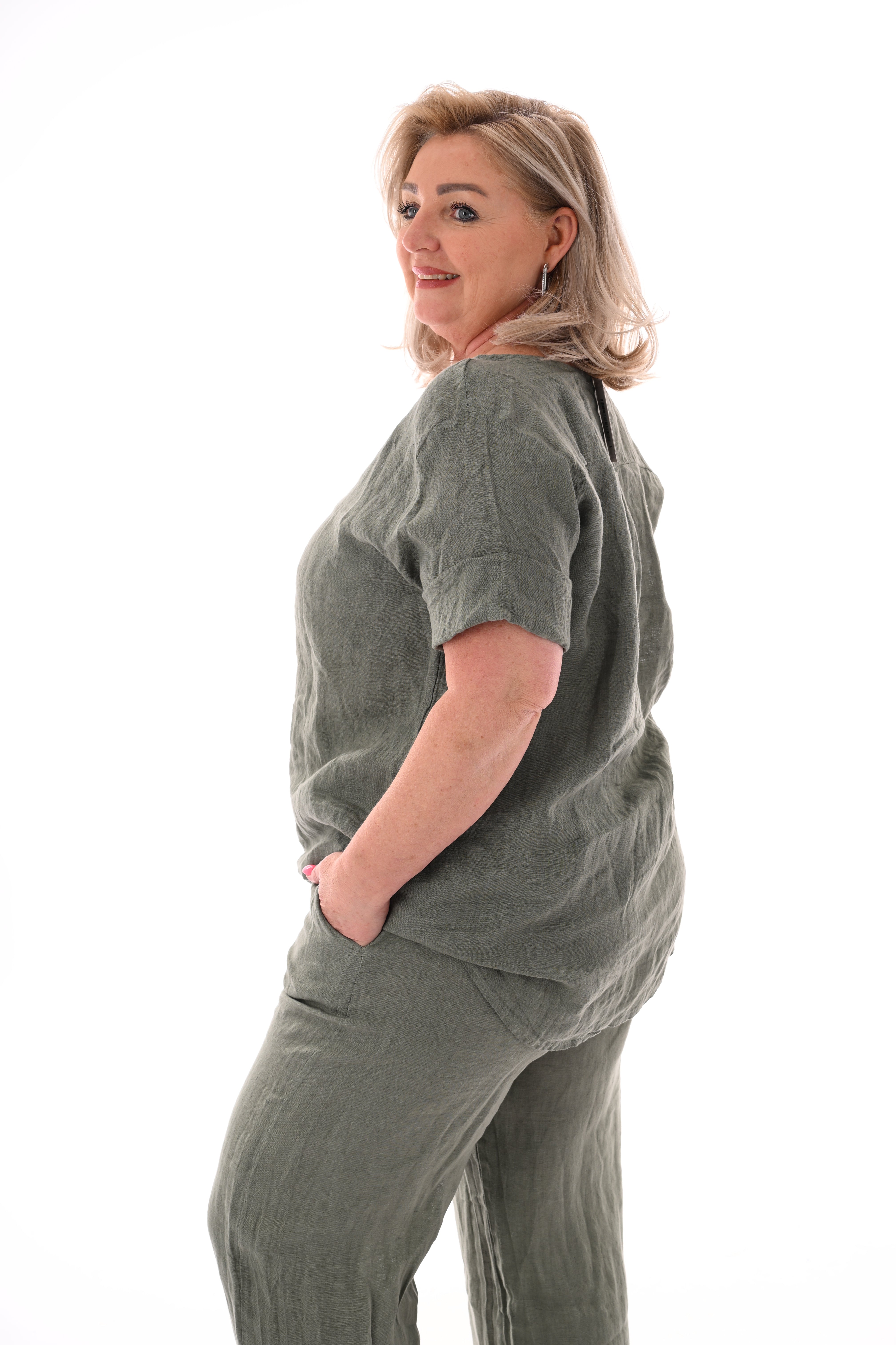Tweedelig set linnen korte mouwen legergroen