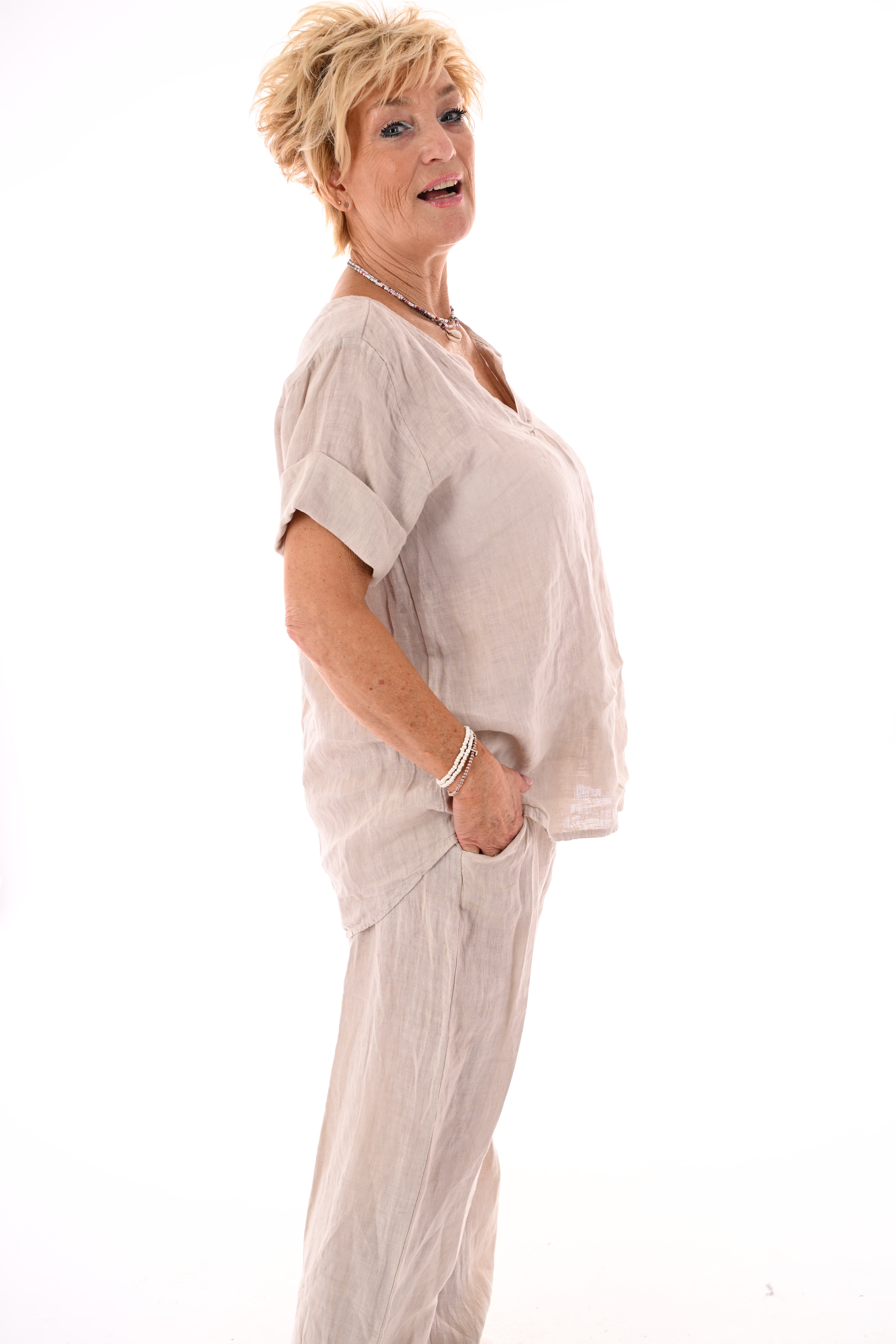 Tweedelig set linnen korte mouwen beige