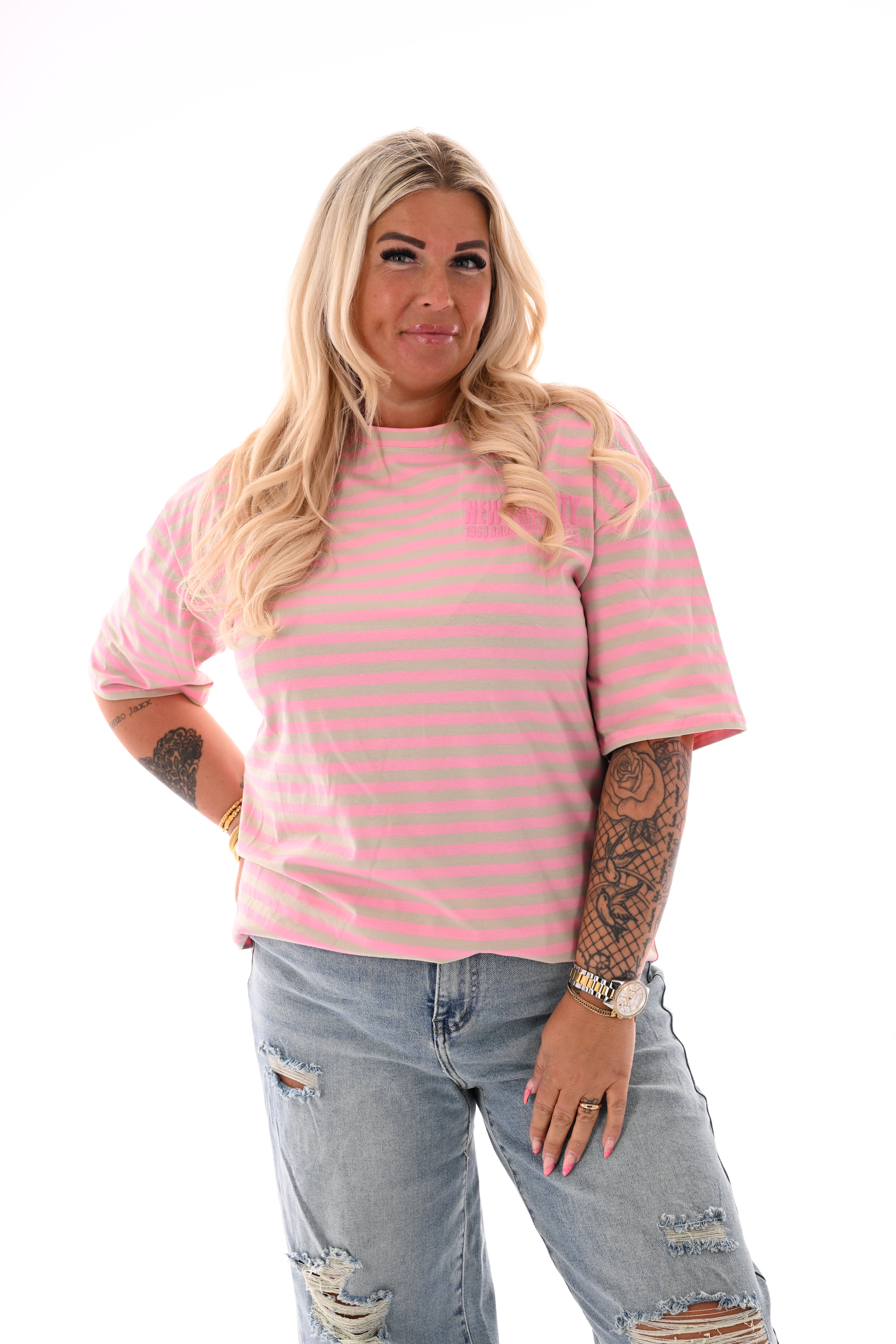 T-shirt streepjes NewYork roze/beige