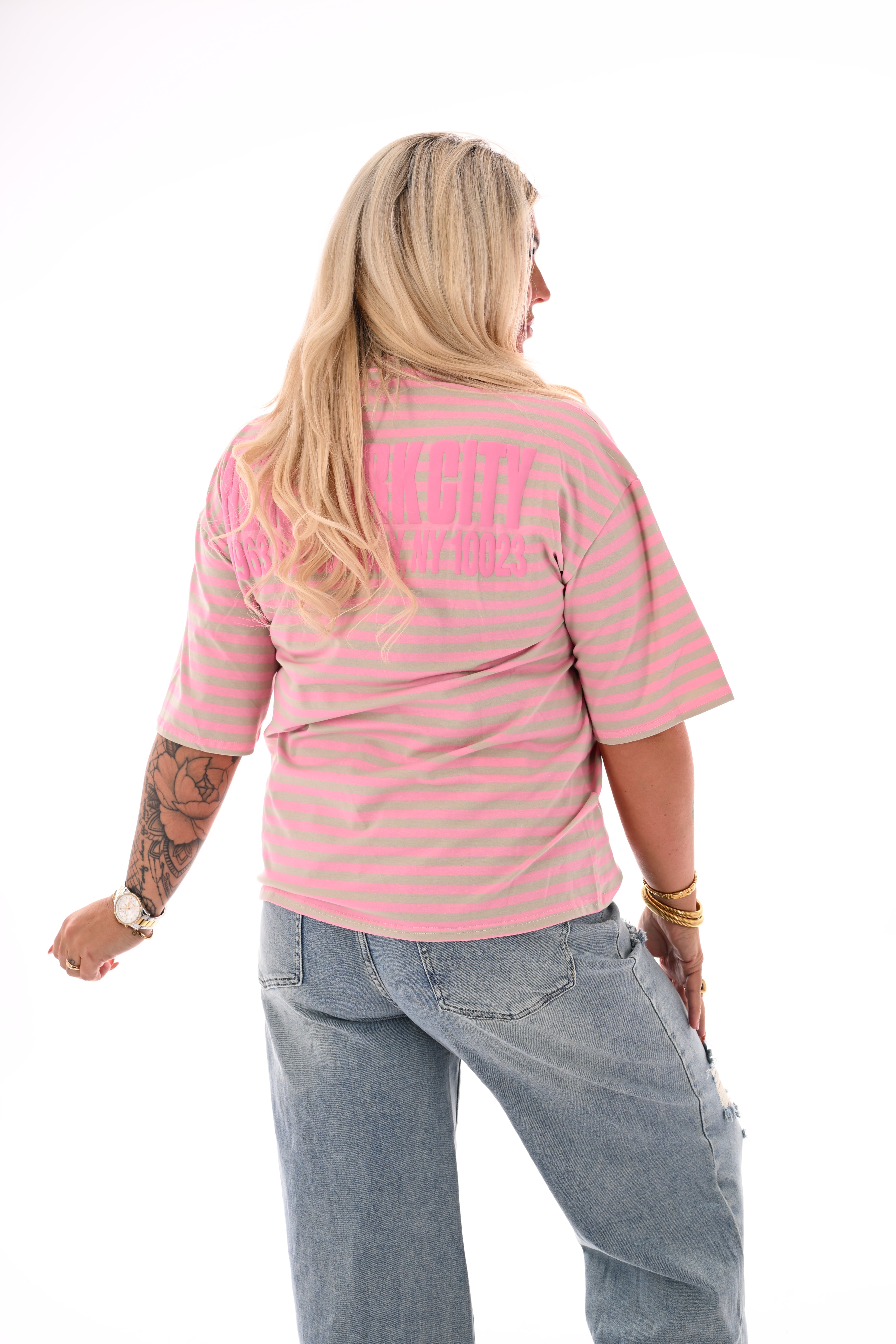 T-shirt streepjes NewYork roze/beige