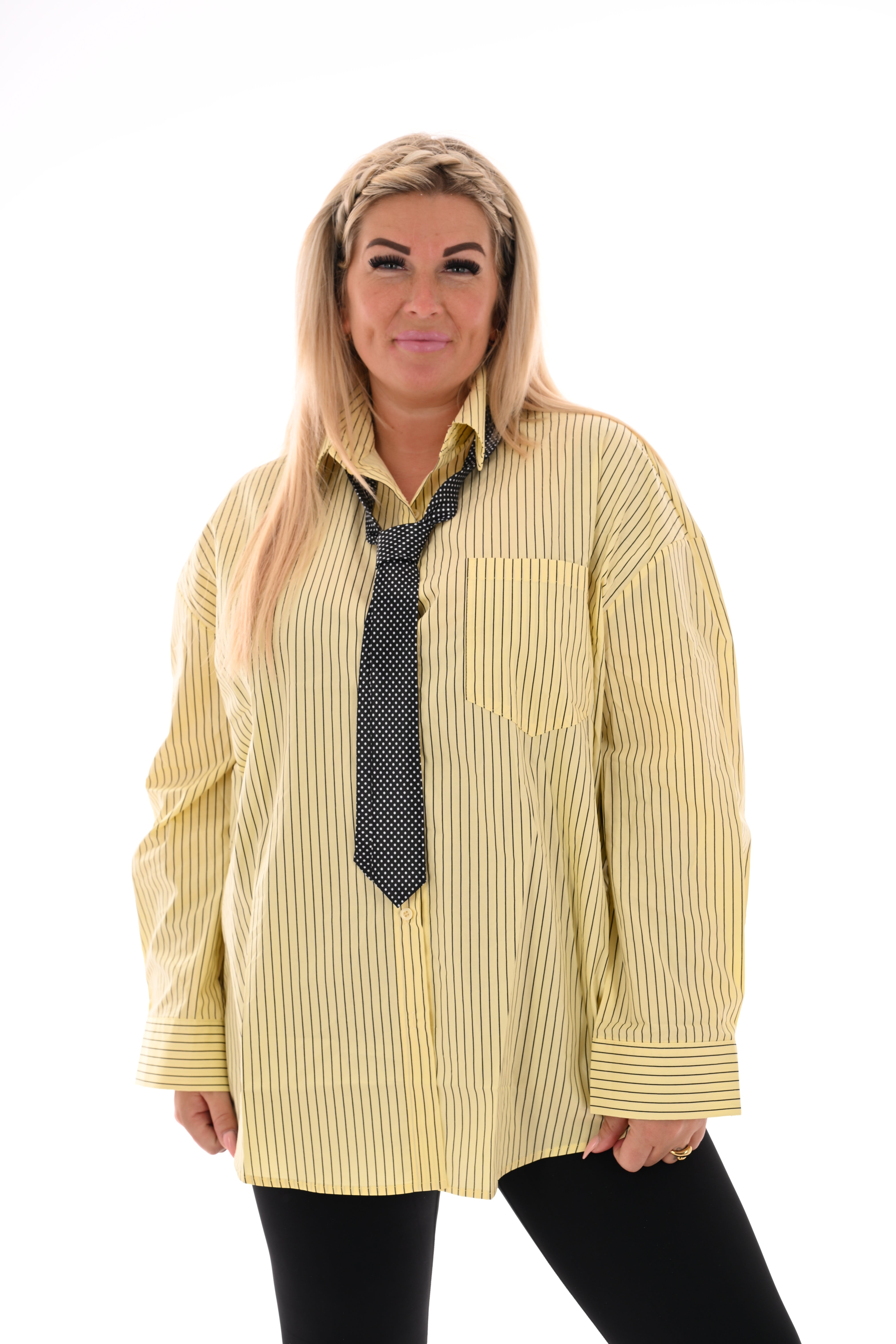 Blouse strepen met stropdas lichtgeel