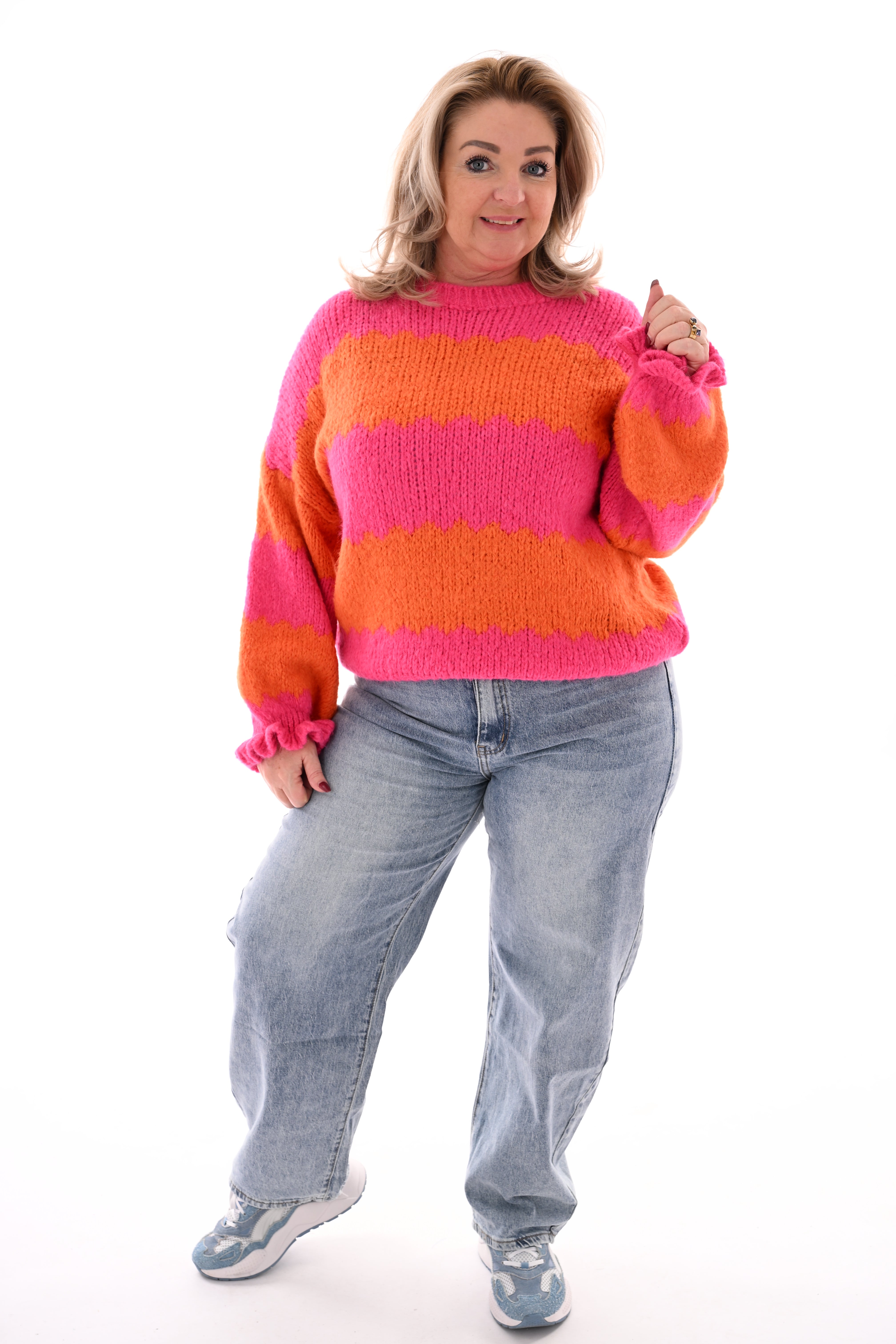 Gebreide trui brede golfstrepen fuchsia/oranje