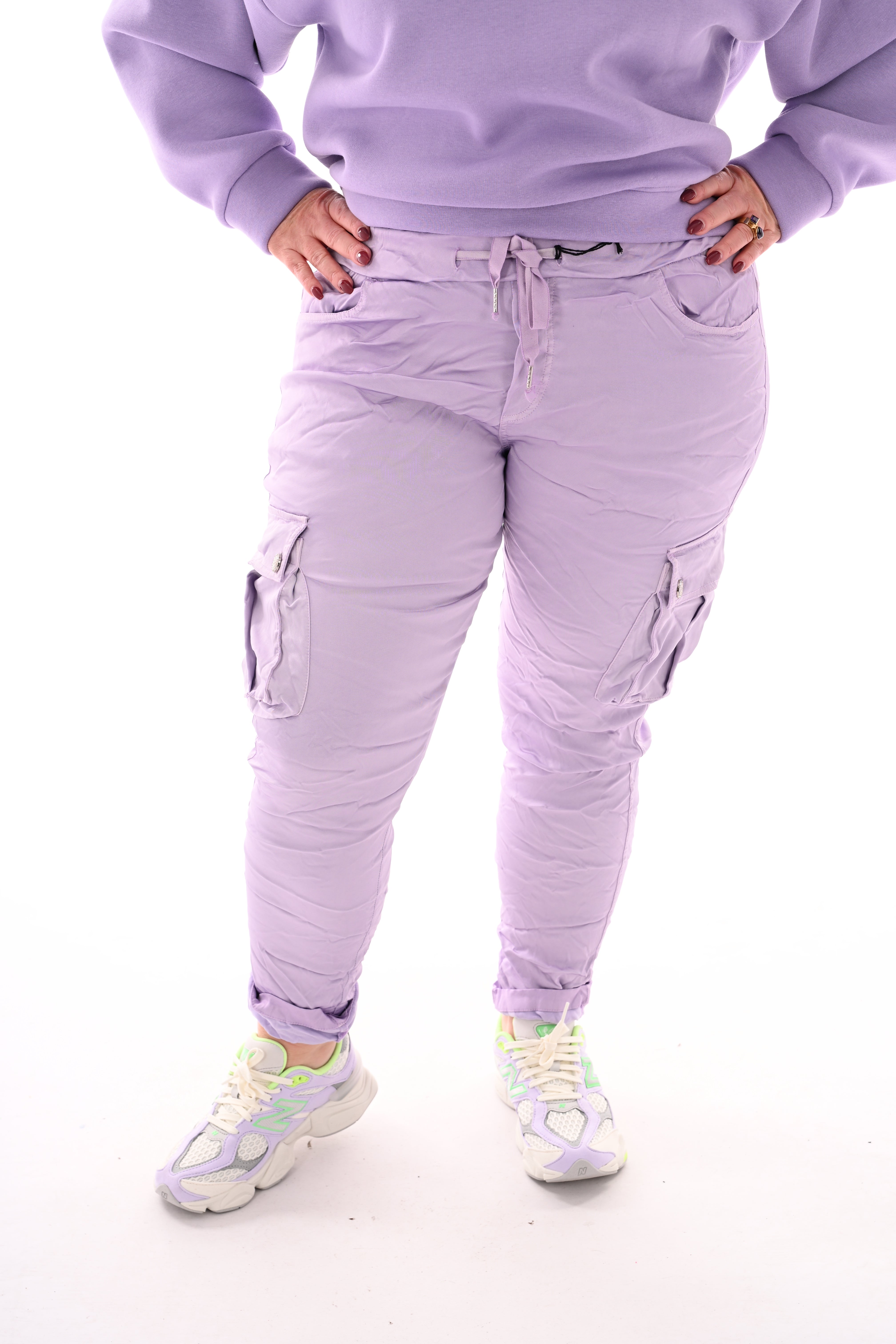 Silky stretchbroek cargo lila