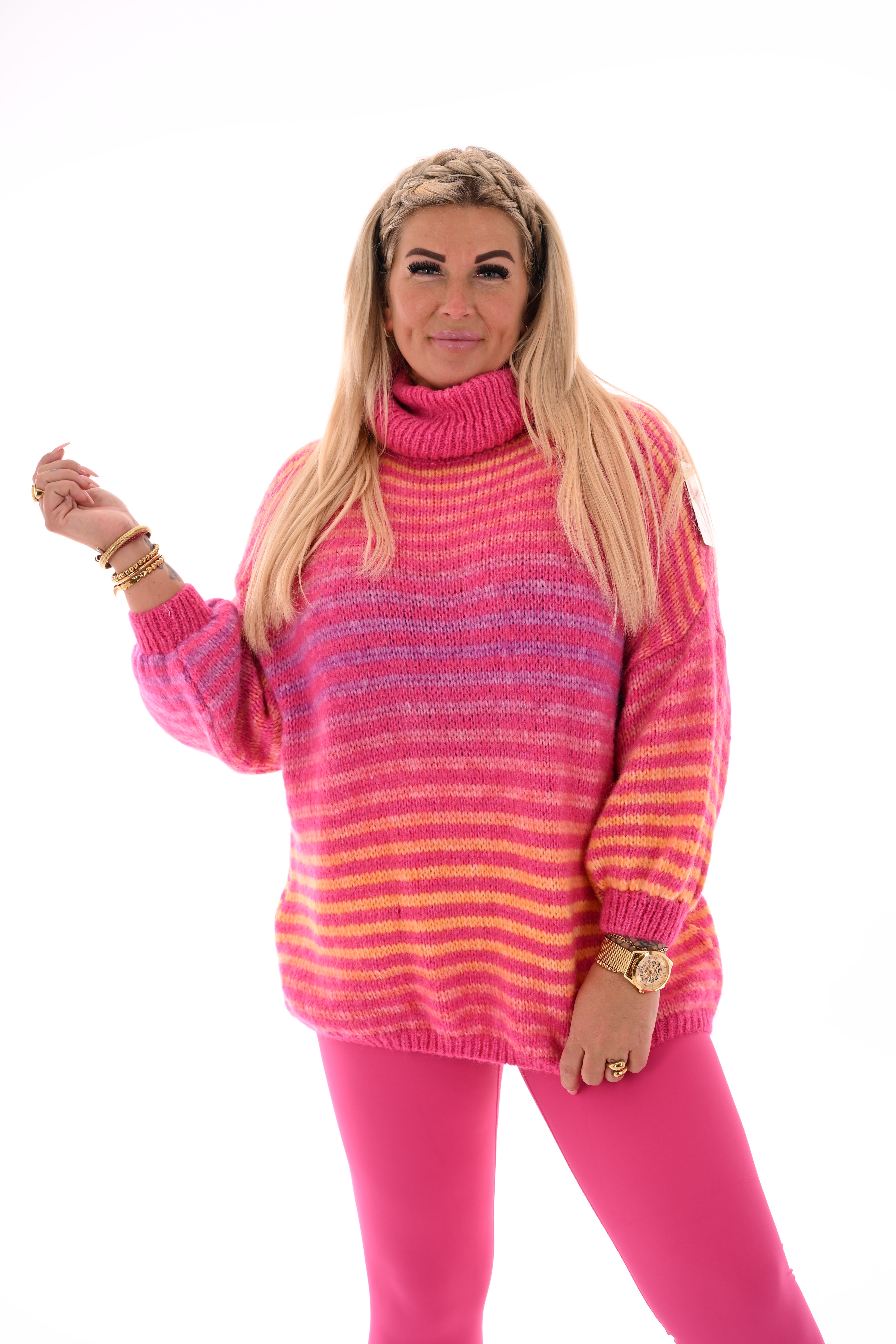 Gestreepte trui met col fuchsia