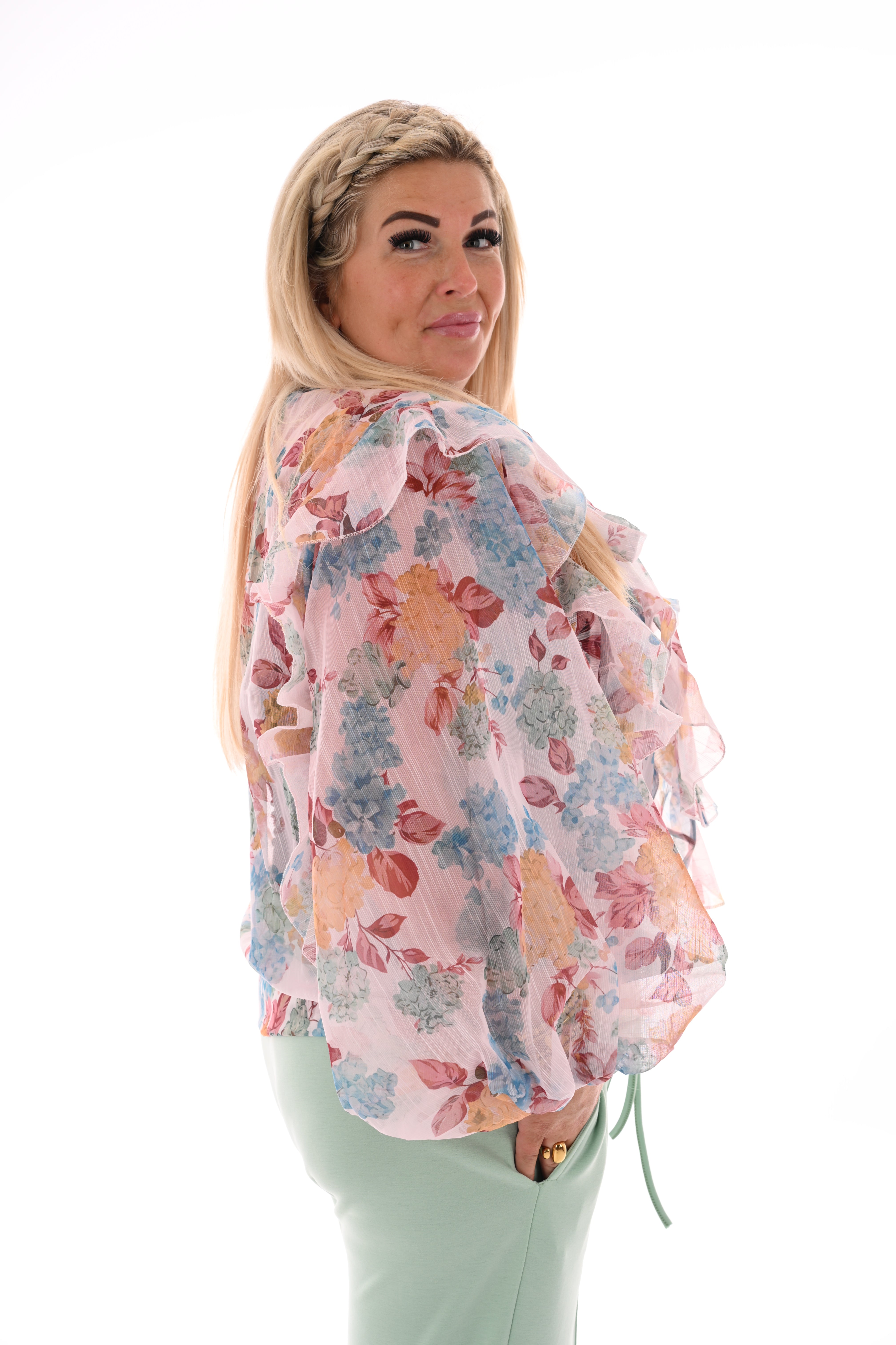 Blouse bloemen met strik lichtroze